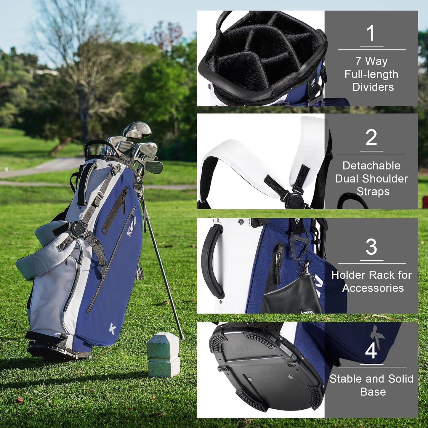 KVV Lightweight Golf Stand Bag with 7 Way Full-Length Dividers, 5 Zippered Pockets, Automatically Adjustable Dual Straps，Elegant Design