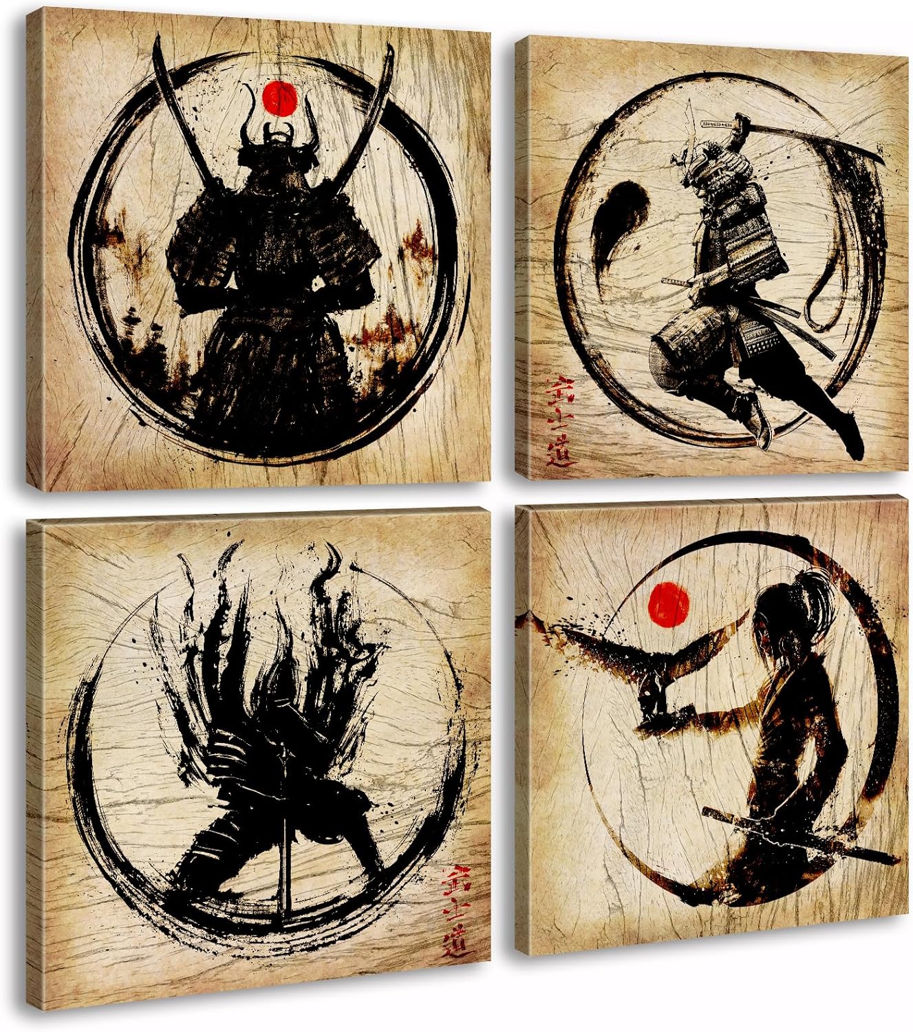 Japanese Decor Wall Art Retro Japanese Armored Samurai Painting Anime Posters Canvas Pictures Office Vintage Black Asian Modern Living Room Bedroom Artwork Framed Ready to Hang 12"X12"X4 Panels
