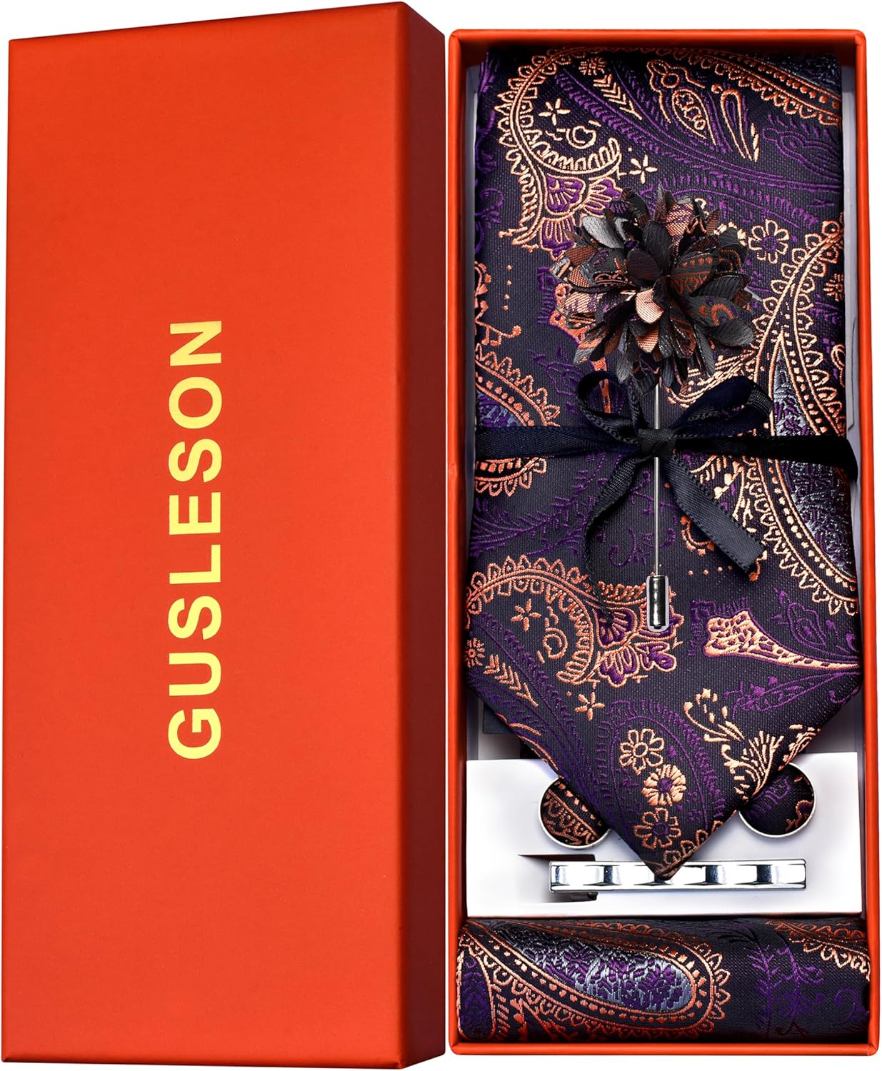 GUSLESON Tie Set for Men Necktie and Pocket Square,Tie Clip,Cufflinks, Lapel Pin Sets with Gift Box 5PCS