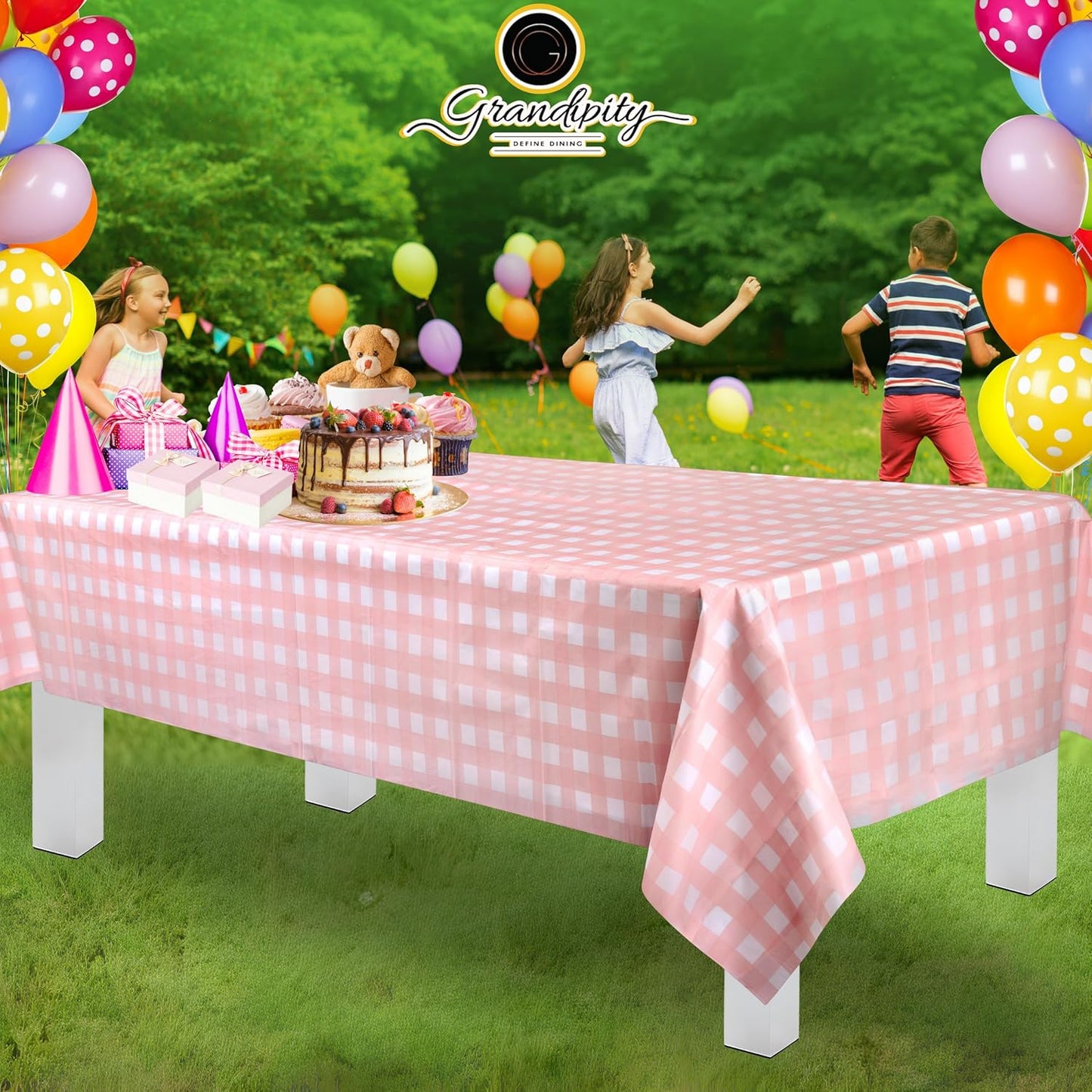 Grandipity 12 Pack Premium Disposable Plastic Tablecloth 54 Inch. x 108 Inch. Decorative Rectangle Table Cover - Pink Checkered Gingham