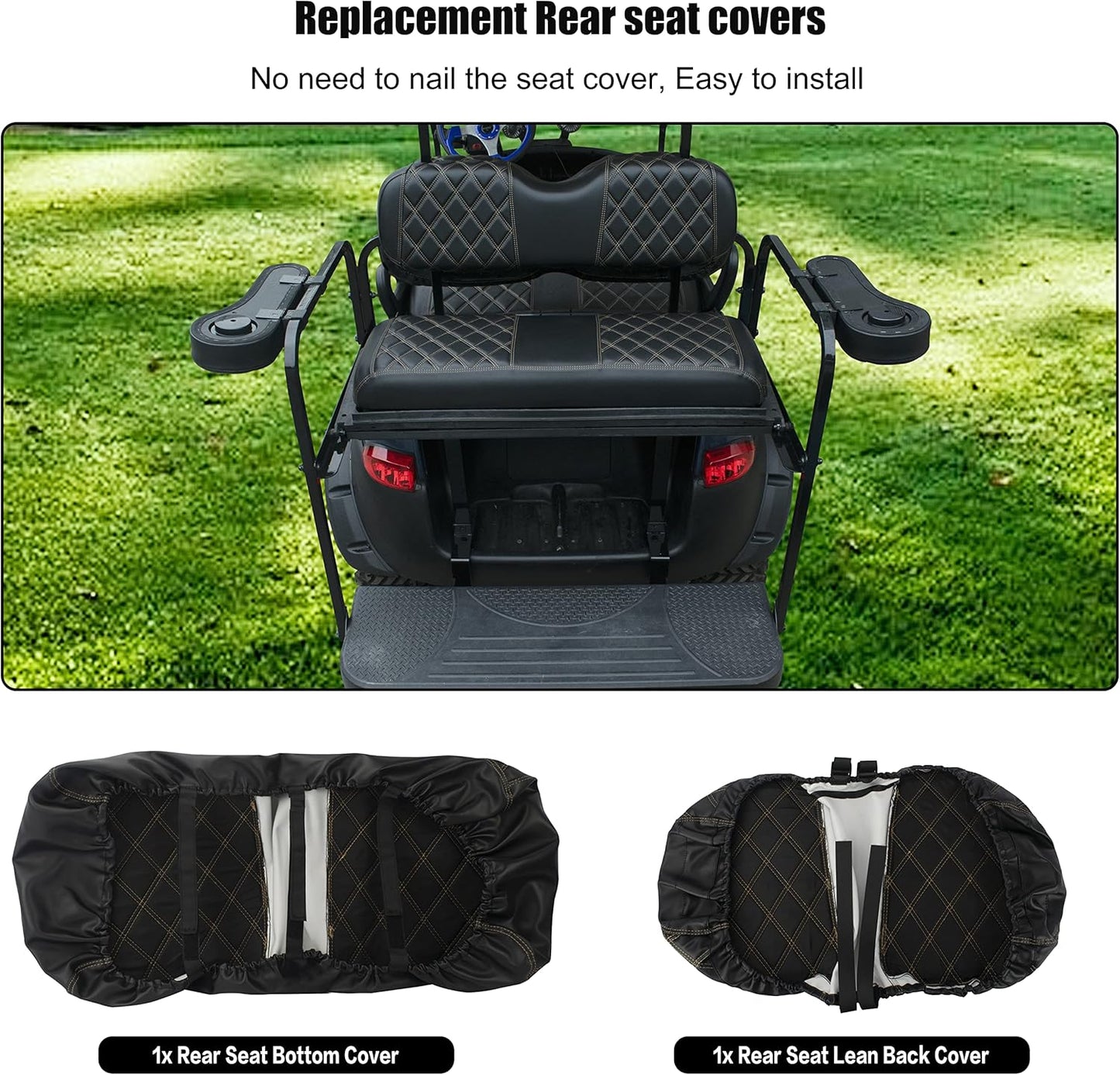 NOKINS Golf Cart Seat Covers Fit Club Car Precedent/DS/EZGO RXV/TXT/Yamaha Drive Aftermarket Standard Rear Seat Cushion, No Stapler, Multiple Colors&Breathable (Black&Brown Stitch)