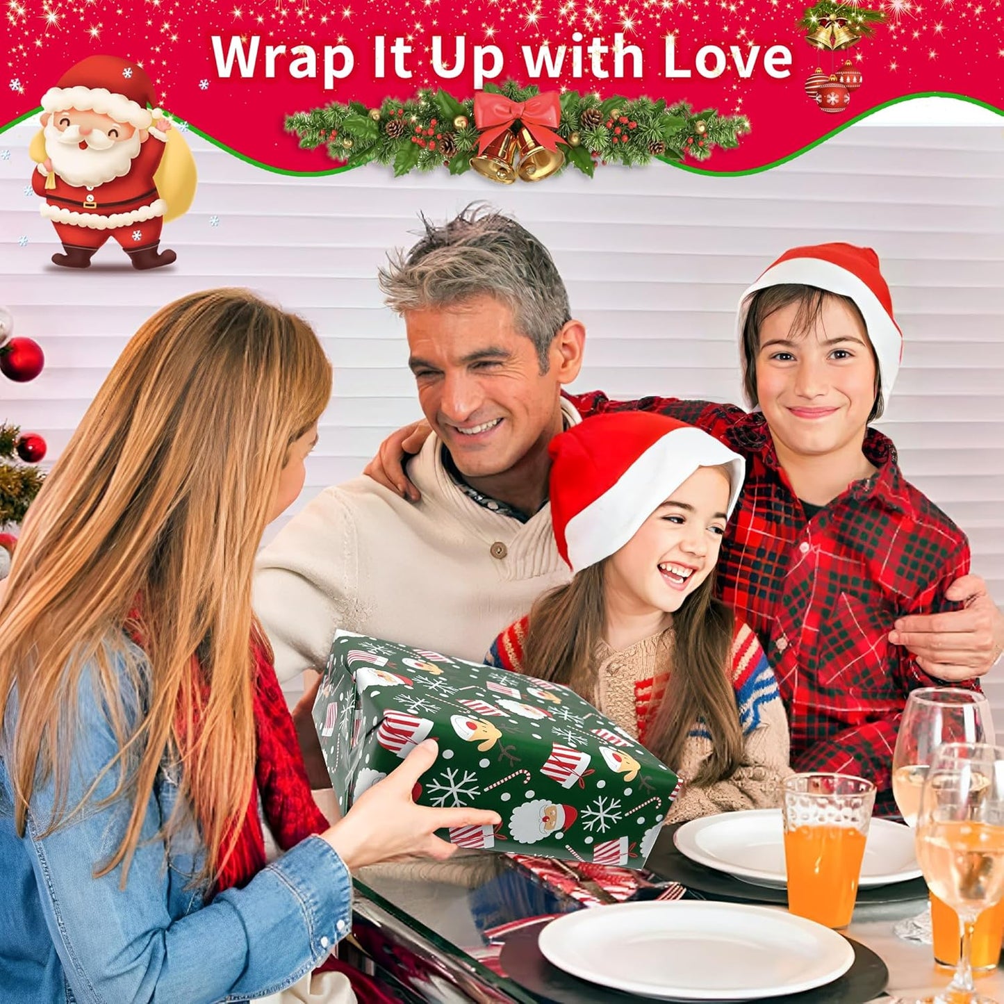 Christmas Wrapping Paper for Gifts (4 Rolls: 93 sq. ft. ttl) Funny Candy Cane Santas, Reindeer, Christmas Tree, Snowflakes - 17 inches x 16.5 feet Per Roll