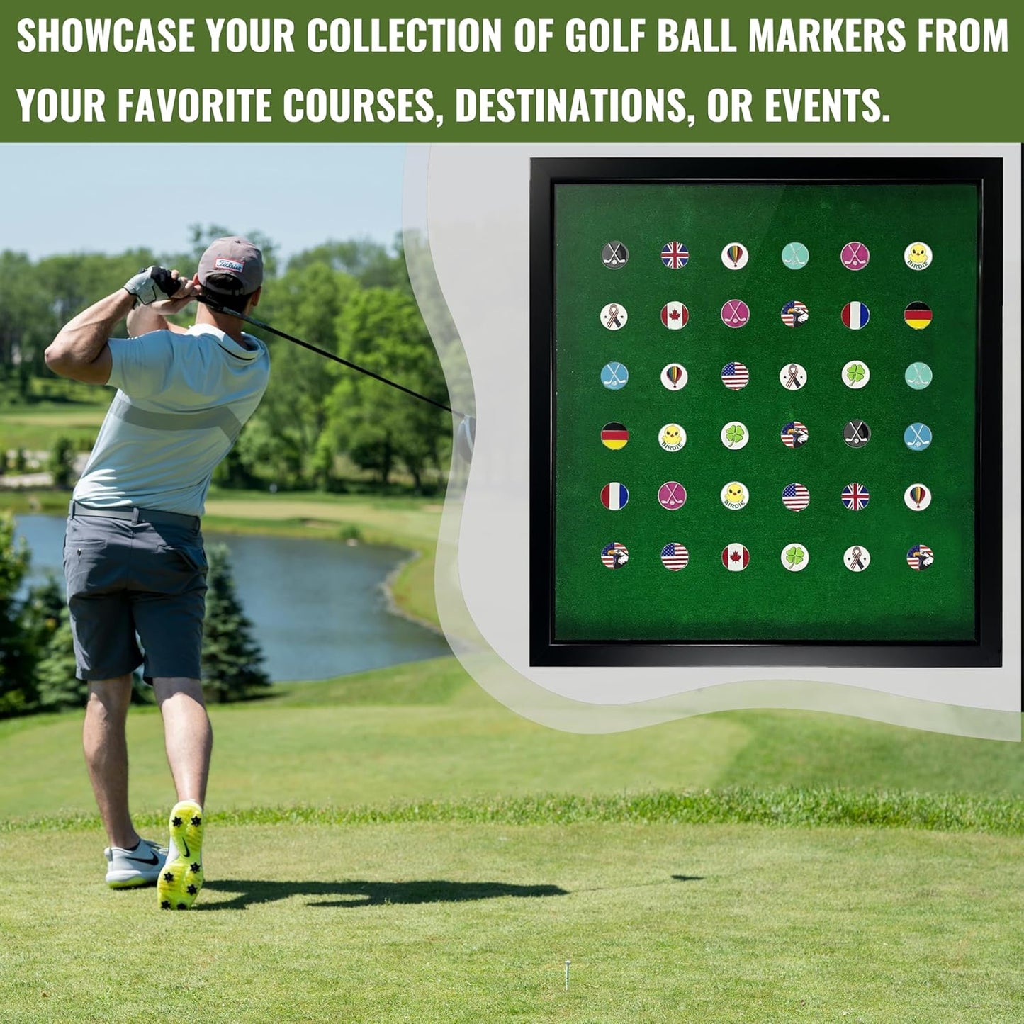 100 Golf Ball Marker Display Case Magnetic 15.5" W x 16.5" H Wall Mounted Ball Marker Display Frame Shadow Box Acrylic Cover Magnetic Back Panel Suitable for Collecting Golf Ball Marker