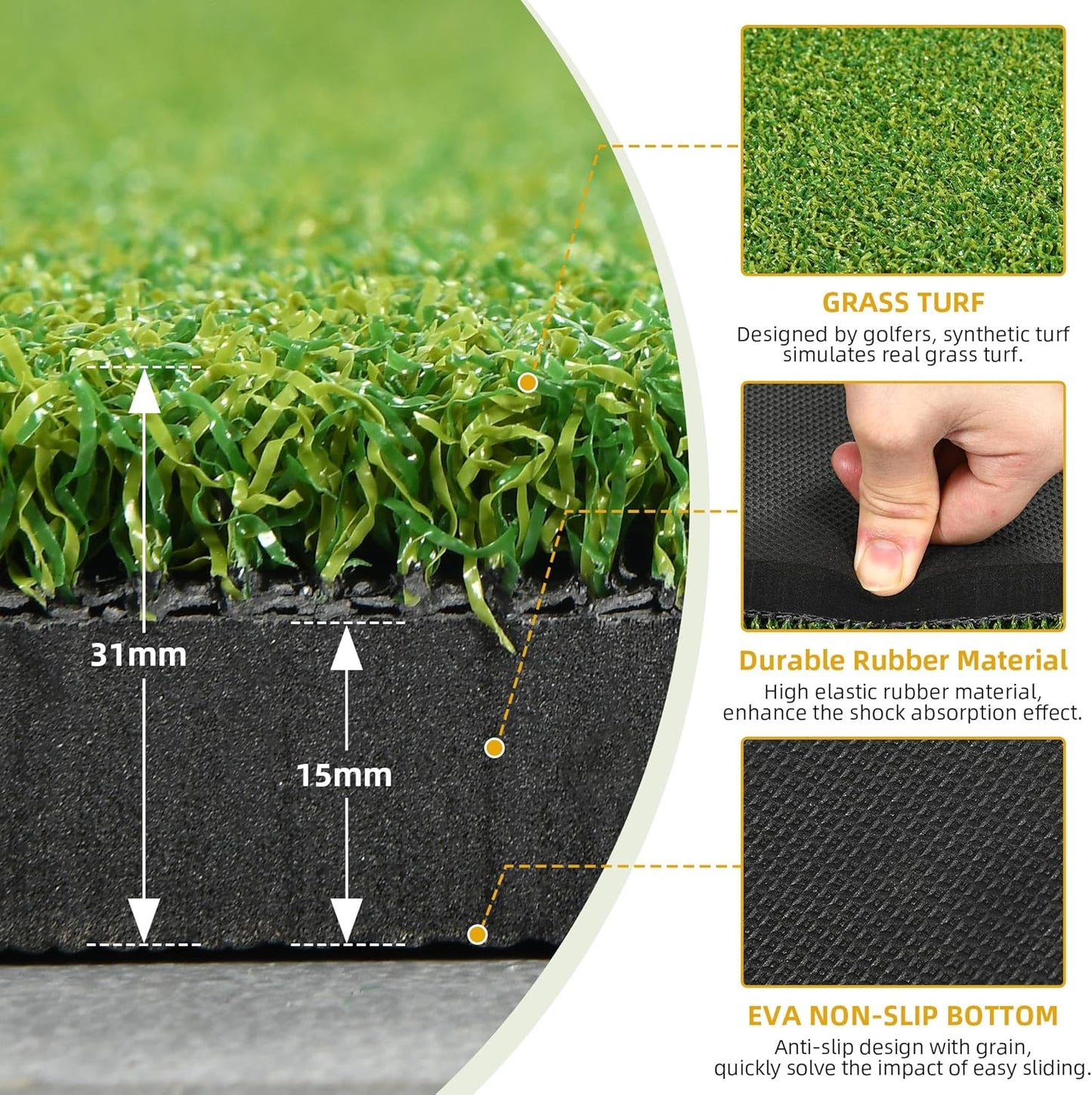 5x4ft Golf Hitting Mat, Thickened 21mm/31mm/36mm Artificial Turf Golf Practice Mats for Indoor Outdoor Backyard Driving Swing Training with 9 PU Balls, 3 Rubber Tees, 7 Tees