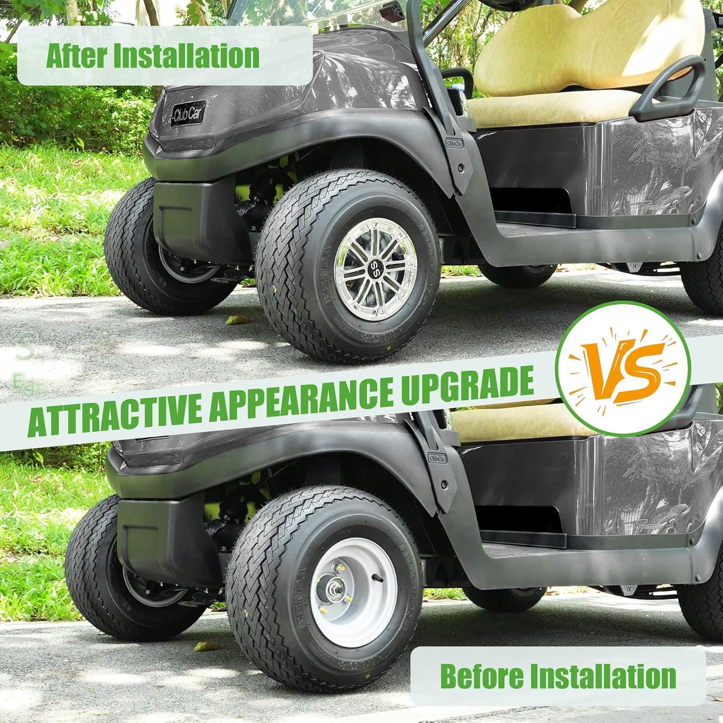 10L0L Golf Cart SS Wheel Covers Hub Caps for EZGO, Club Car, Yamaha - 8 Inch Snap-on Installation, New Chrome, Set of 4