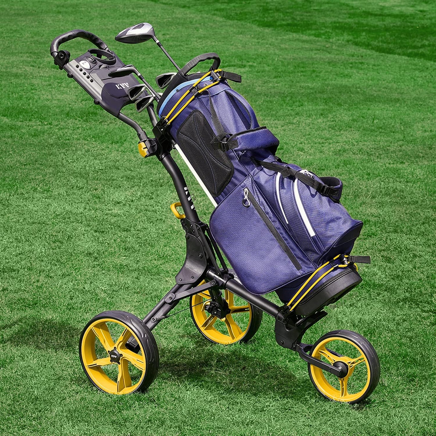 KVV 3 Wheel Golf Push Cart Ultra Lightweight Smallest Folding Size, New-Version Scorecard Holder