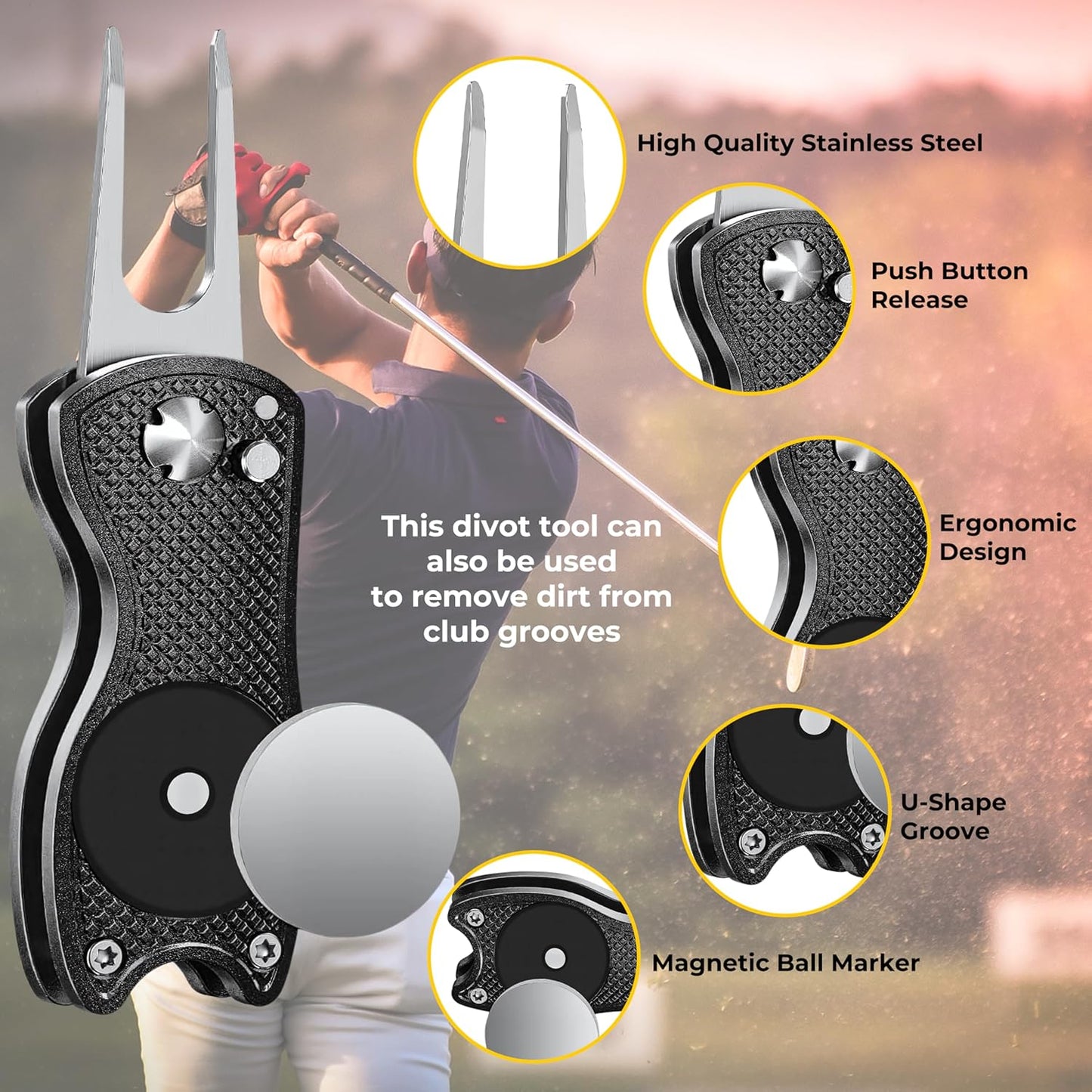Golf Divot Tool with Magnetic Ball Marker, Multifunctional Divot Tool, Foldable Fork,Fix Divots, Clean Clubs and Cleats, U Shape Bottom can Hold Club