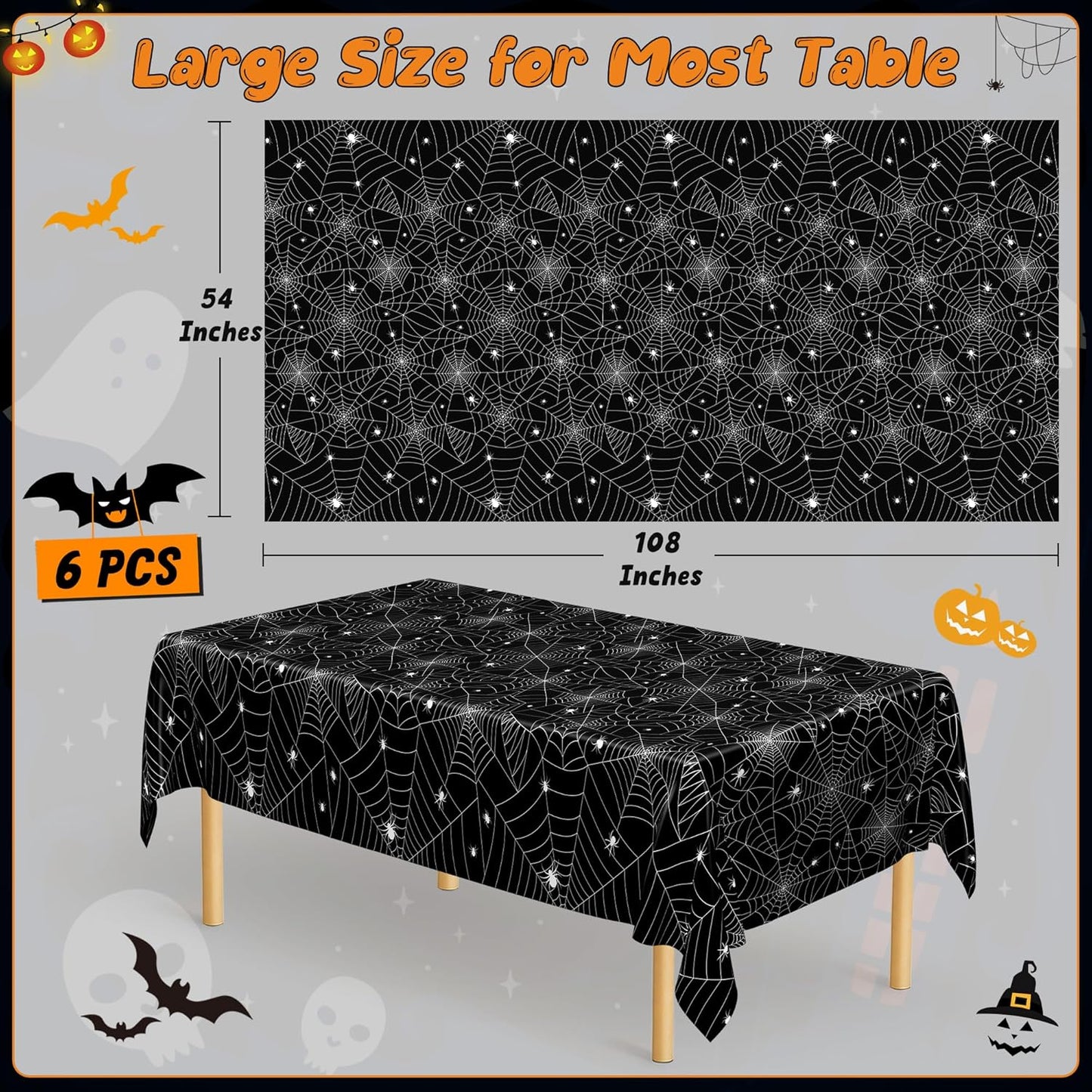 QZYL 6 PCS Spider Web Table Cloth, 54" x 108" Halloween Party Supplies, Black Plastic Tablecloth Disposable Table Cover, Halloween Birthday Party Decorations Decor Dinnerware Home
