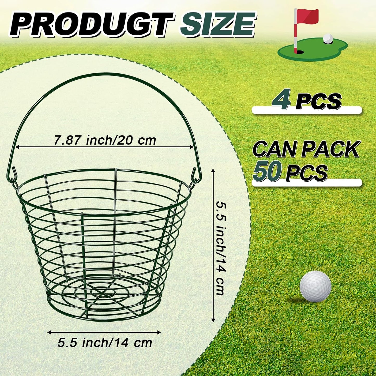 Soulchen Metal Golf Ball Baskets Golf Ball Storage Bucket with Handle Contain 50 Balls, Green Color