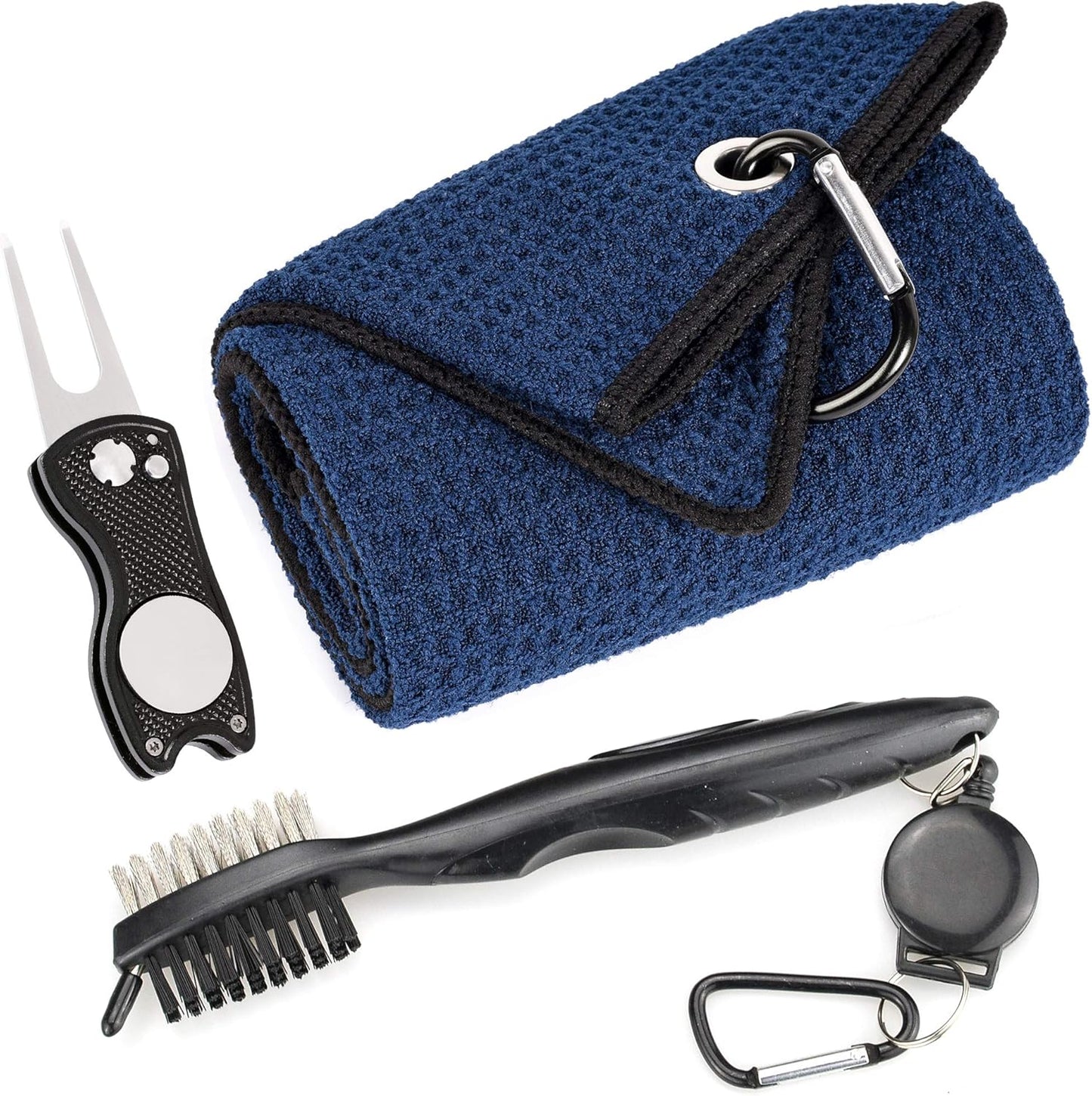 Mile High Life Microfiber Waffle Pattern Golf Towel | Club Groove Cleaner Brush | Foldable Divot Tool with Magnetic Ball Marker (Navy Towel/Brush/Fish Divot)