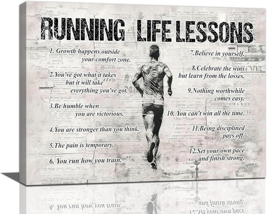 Running Life Lessons Wall Art Running Sports Wall Decor Running Sign Retro Poster Boy Men Motivational Decorations Canvas Print Painting Artwork for Bedroom Bathroom Living Room Gym 16"x12"
