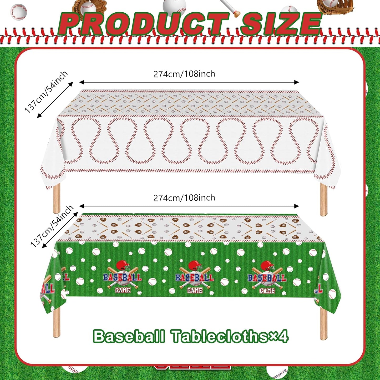 4 Pcs Baseball Tablecloths, Rectangular Baseball Pattern Table Cloth Disposable Party Decorations Table Covers for Boys Sports Event Birthday Party Supplies, 54x108 Inch
