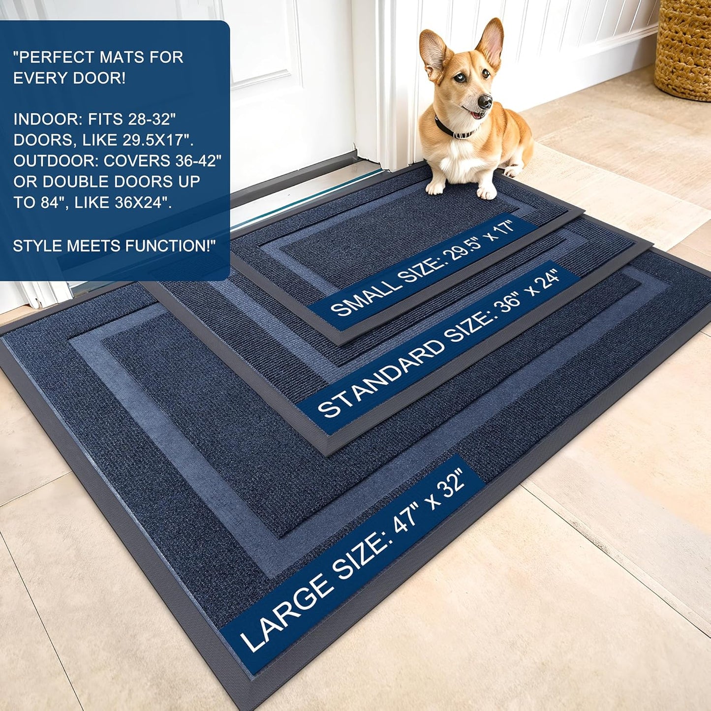 OLANLY Front Door Mat Indoor Outdoor Entrance, Waterproof All-Season, All-Weather Doormat, Sturdy Natural Rubber, Fade Resistant, Low Profile, Easy Clean Patio Porch Entryway Mat, 71x47, Blue