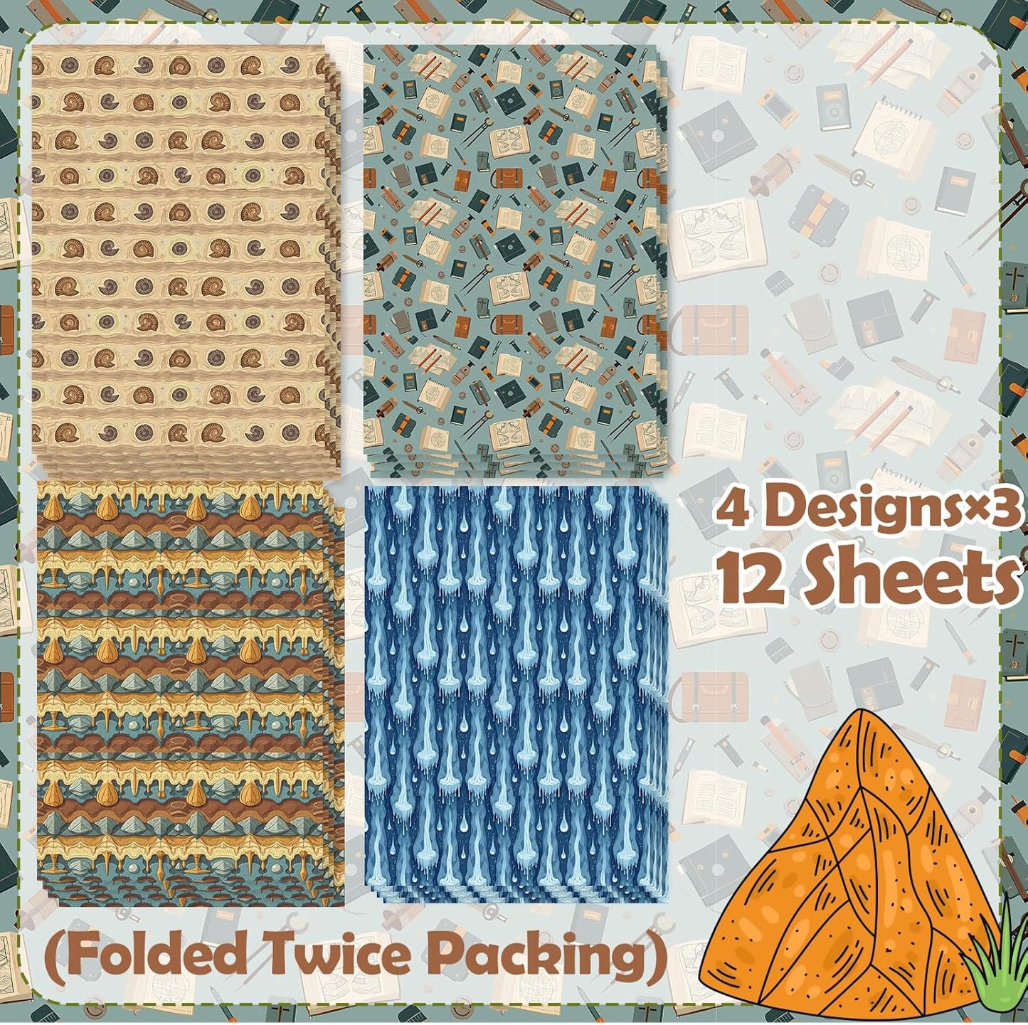 Pineraap Geology Wrapping Paper 12 Sheets Rock & Fossil Themed Designs Gift Wrap for Geology Lovers,Geologist,Science Teachers,School Supplies,20"×28"