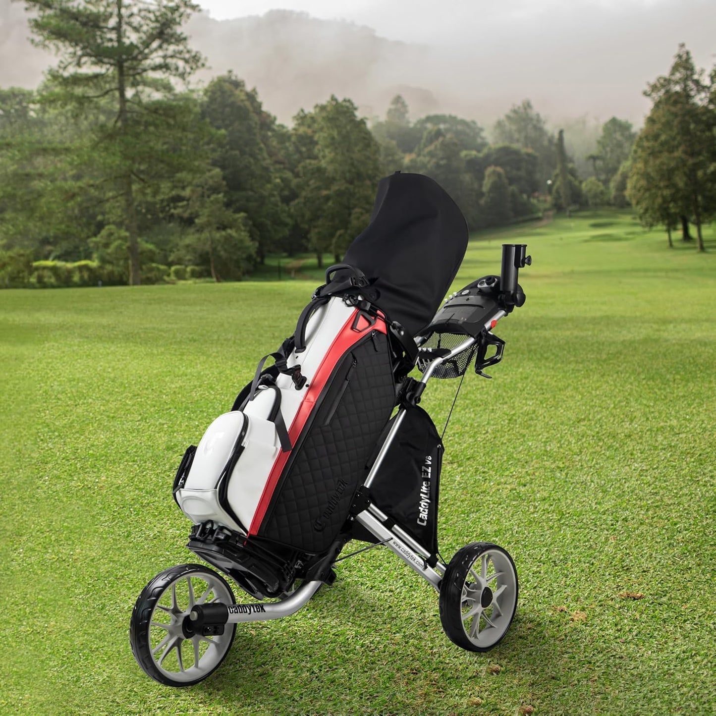 Caddytek CaddyLite EZ V8 Golf Push Cart - Lightweight 3 Wheel Foldable Cart with One-Click 2-Step Folding, EVA Wheels, Adjustable Handle, Cooler Basket, Umbrella & Drink Holder, Compact Golf Cart