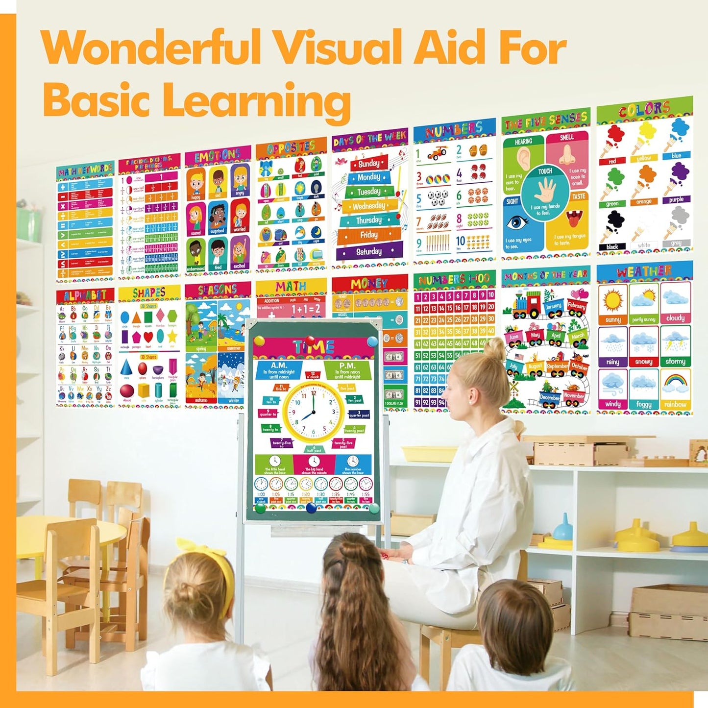 28 Educational Posters for Kids, All-in-One Set Learning Posters-Alphabet, Animals, Multiplication Chart, USA, World Map, Shapes, PET Film Coated School Supplies For Kindergarten, Preschool, Classroom