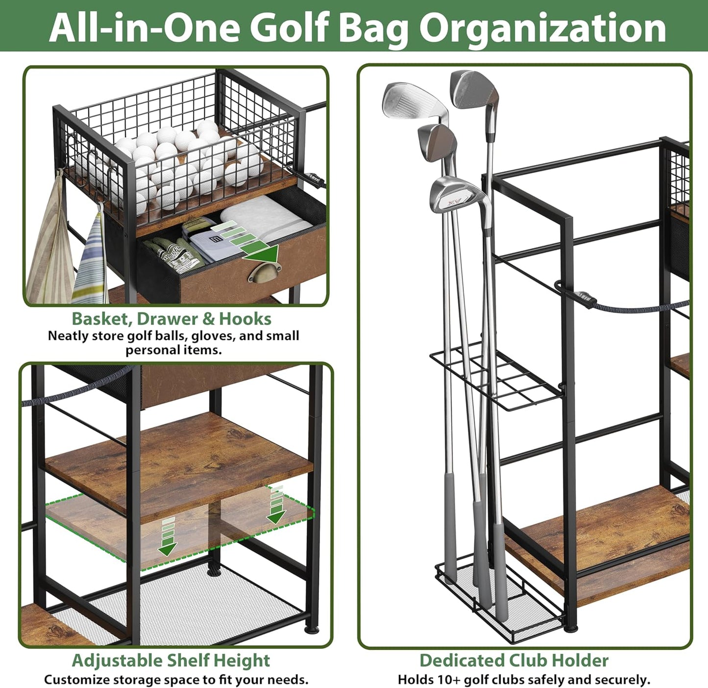 Golf Bag Organizer with Drawer for Golf Accessories for Men, Golf Bag Stand with Extra Storage Rack for Clubs, Golf Bag Holder for Golf Storage Fits 1 Bag, Garage, Home or Club Use, Golf Gifts for Dad