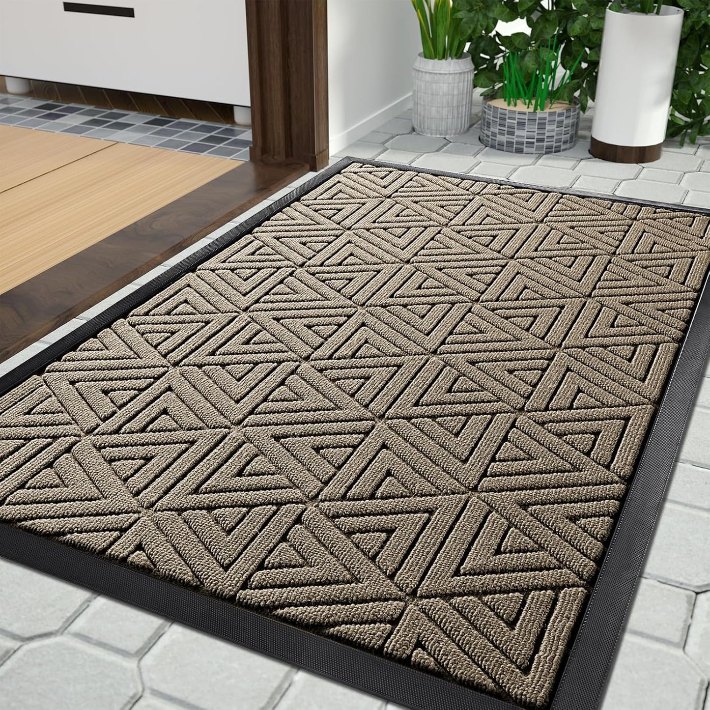 Yimobra Outdoor Mats for Front Door 29.5x17, Stops Mud & Dirt at Entrance, Fits Garage & Patio, All-Weather Waterproof Non Slip Outdoor Indoor Welcome Mat, Beige