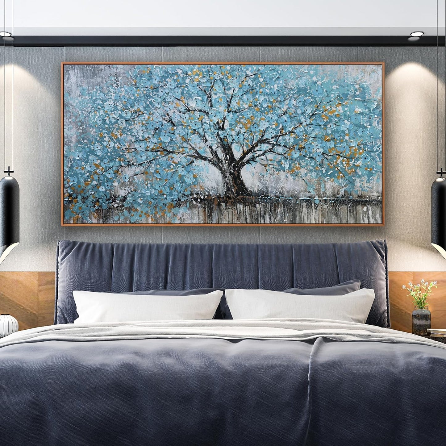 Wall Art Teal Blue Nature Abstract Tree Of Life Framed Modern Artwork Canvas Painting Textured Tree Pictures Wall Decor For Living Room Bedroom Dining Room Home Office Decor 24"X48" With Framed