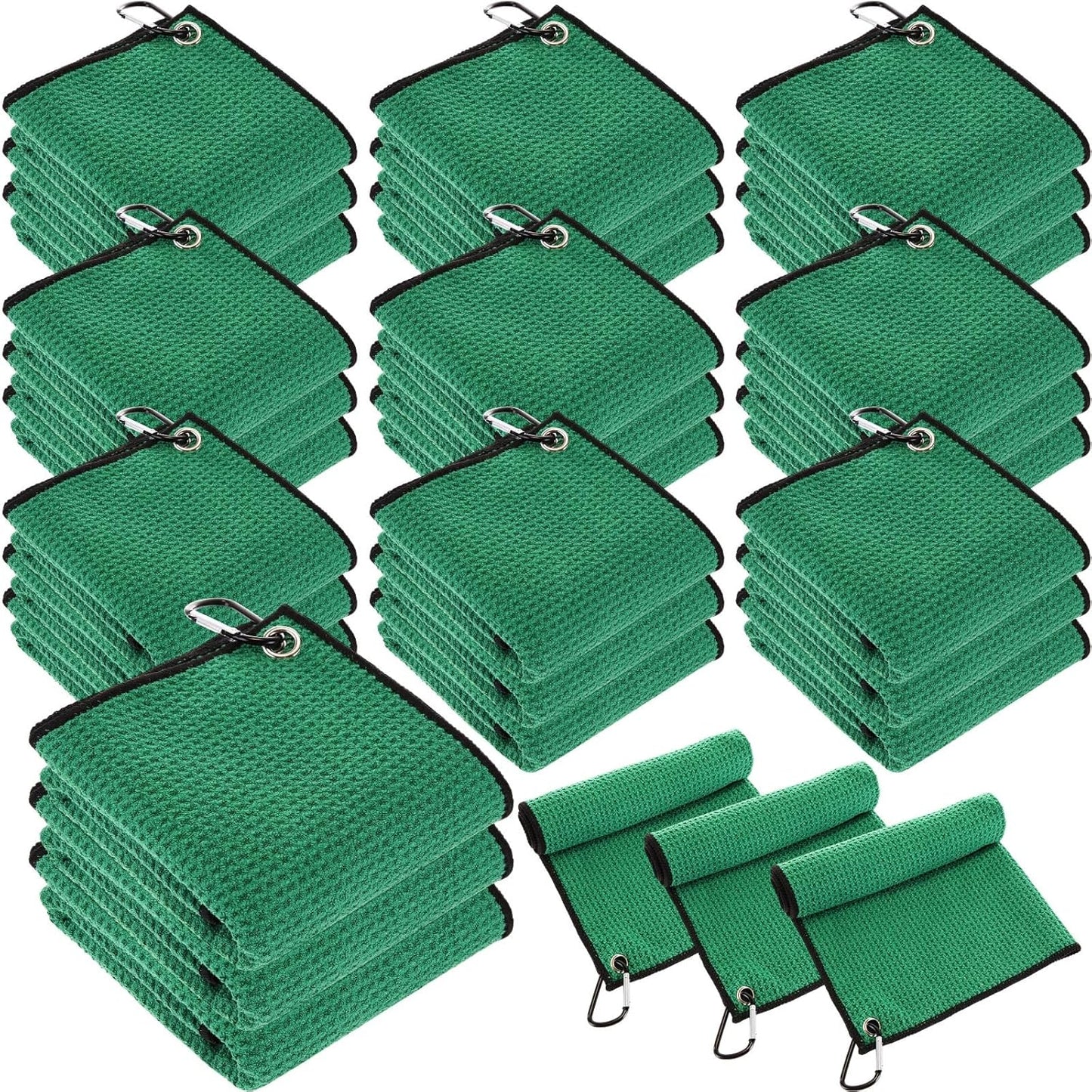 Batiyeer 30 Pcs Bulk Golf Towels for Golf Bags 16'' x 16'' Microfiber Fabric Golf Towel Waffle Pattern with Clip for Bags Men Mini Tournament Fitness Yoga Camping(Green)