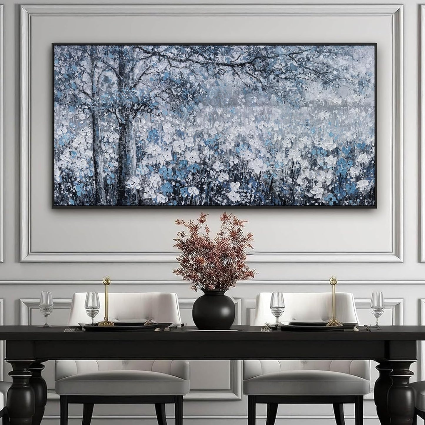 Canvas Wall Art Print Paintings Blue And White Abstract Tree Flower Landscape Home Prints Decor Framed Ready To Hang For Living Room Bedroom And Office Home Kitchen Artwork 20"×40"