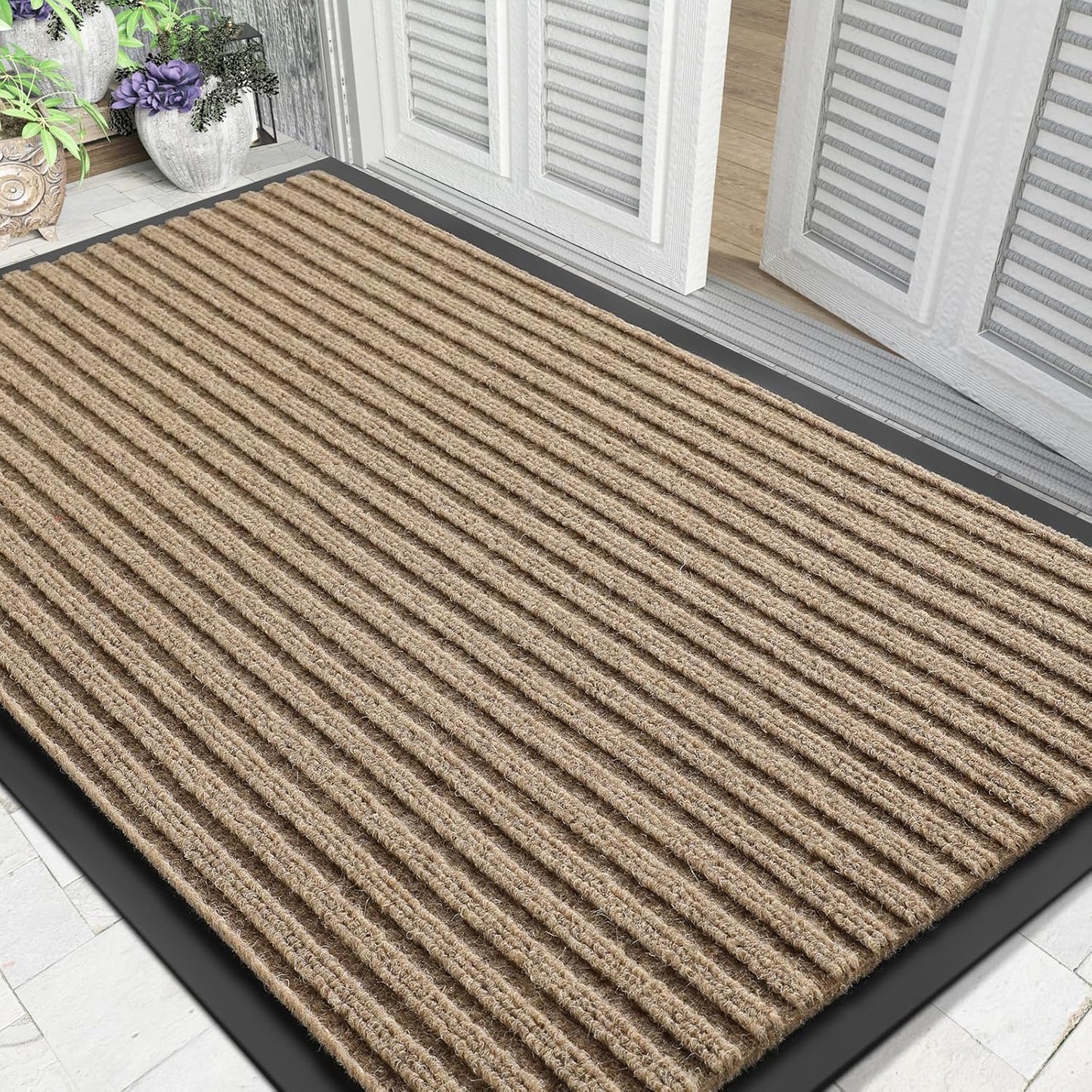 Yimobra Front Door Mat Outdoor Indoor Entrance, 100% Waterproof All-Season All Weather Doormat, Welcome Matt Outside Entry, Non Slip, Low Profile, Heavy Duty Patio Porch Floor Mats,47 x 32,Khaki