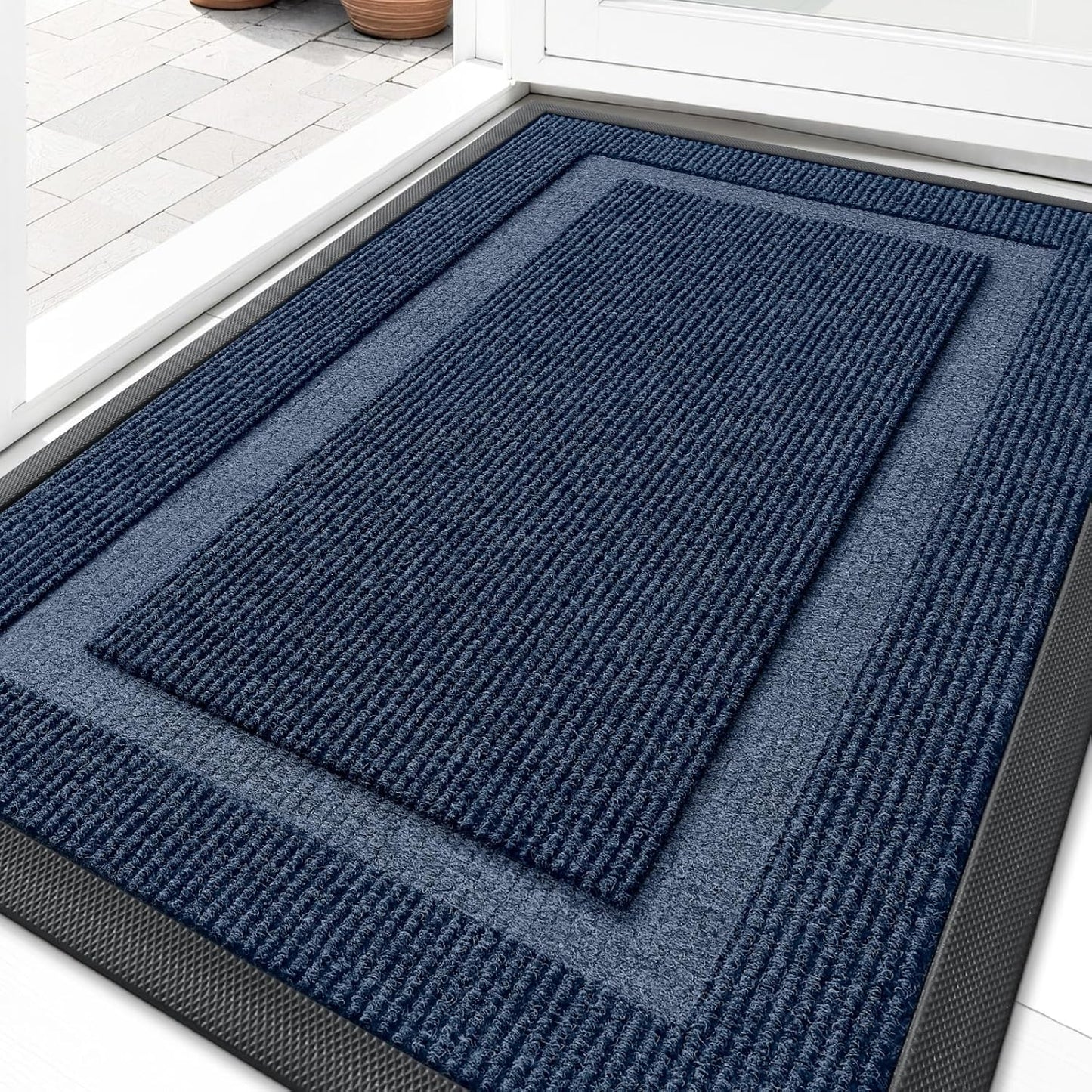 OLANLY Front Door Mat Indoor Outdoor Entrance, Waterproof All-Season, All-Weather Doormat, Sturdy Natural Rubber, Fade Resistant, Low Profile, Easy Clean Patio Porch Entryway Mat, 36x24, Blue