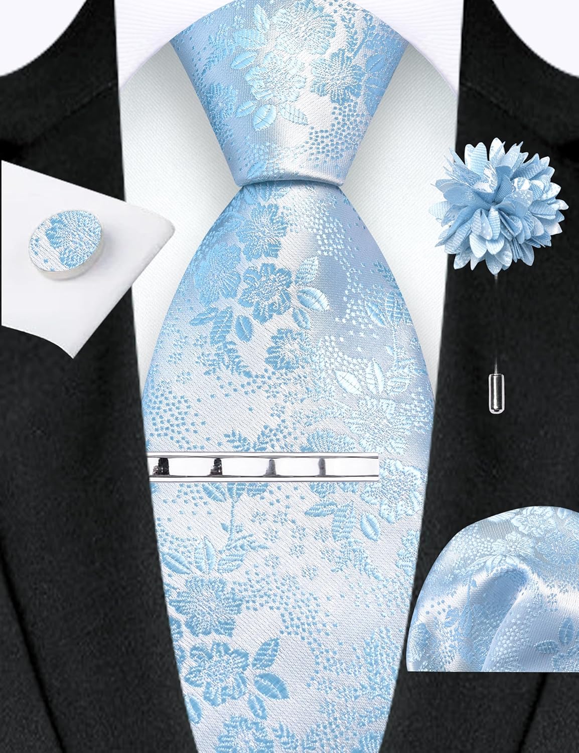 GUSLESON Tie Set for Men Necktie and Pocket Square,Tie Clip,Cufflinks, Lapel Pin Sets with Gift Box 5PCS