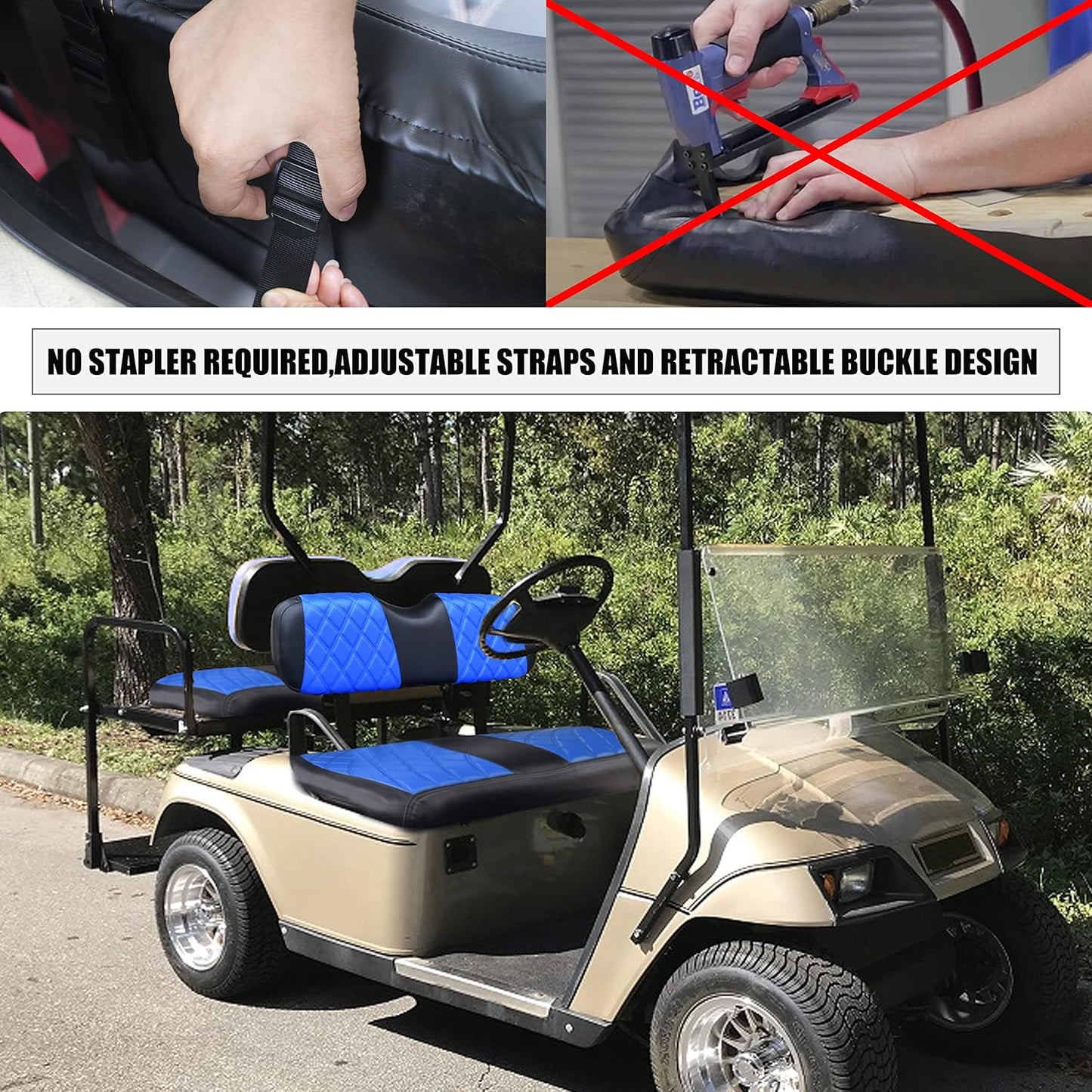 NOKINS Golf Cart Diamond Seat Covers Kit, Fit for EZGO TXT 1994-2013/EZGO RXV OEM Standard Front Seat Cushion, Golf Cart Vinyl Seat Cover, No Nails Required (Blue and Black)