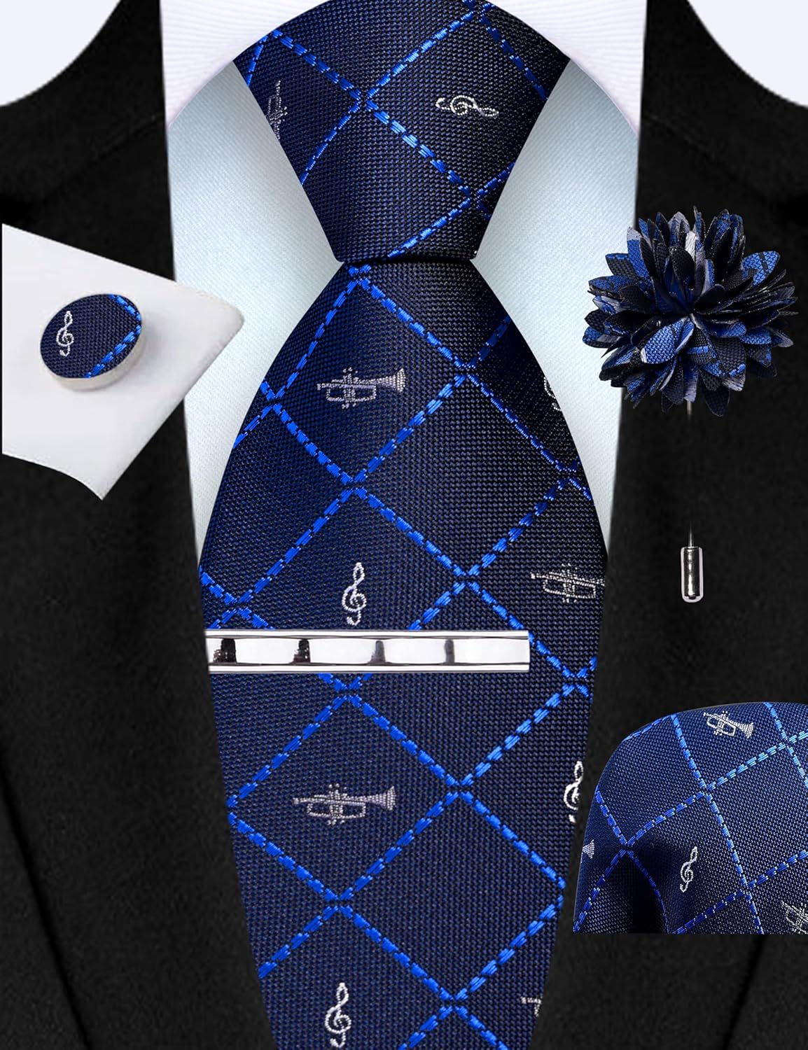 GUSLESON Tie Set for Men Necktie and Pocket Square,Tie Clip,Cufflinks, Lapel Pin Sets with Gift Box 5PCS