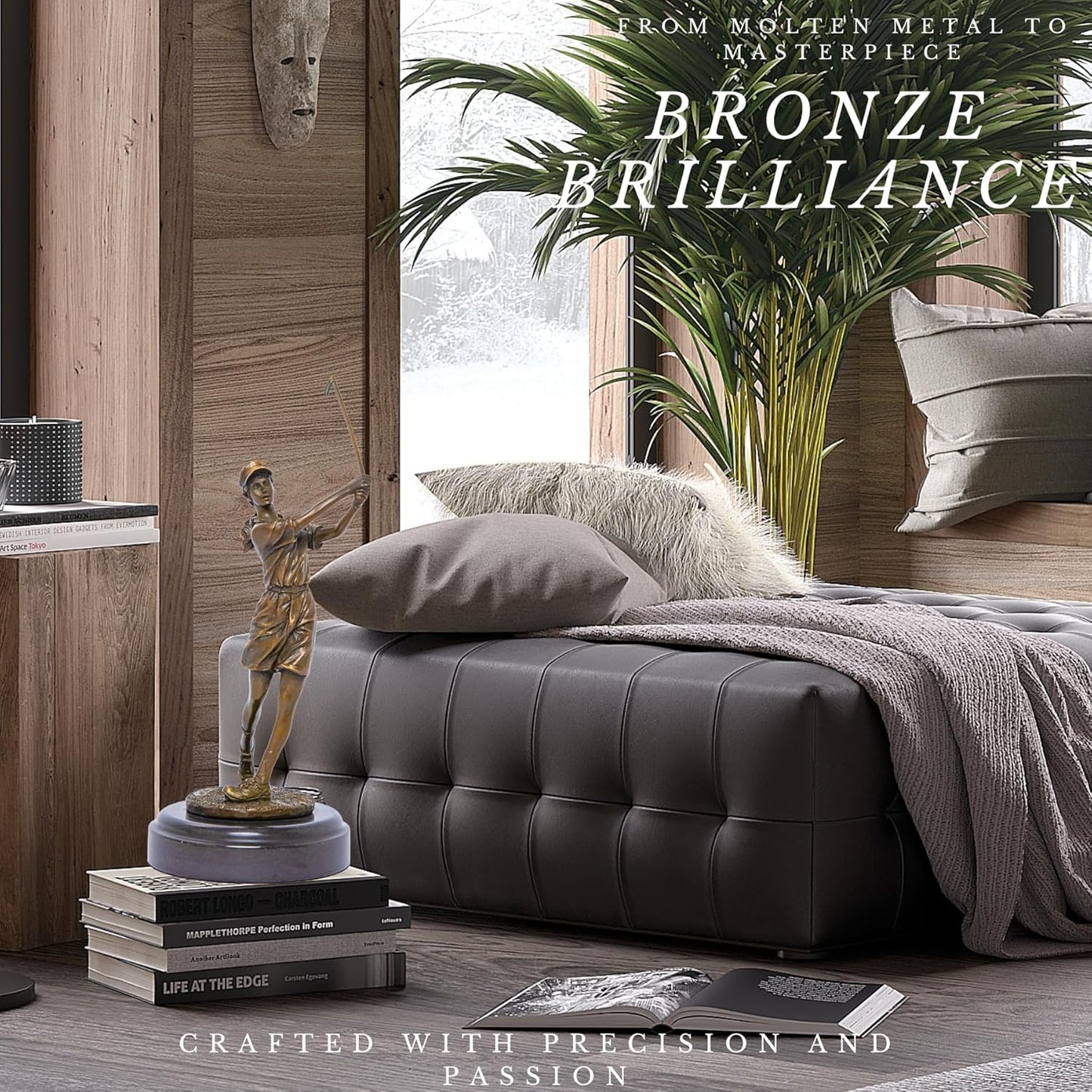 9.8" Bronze Golfer Girl Statue, Golf Figurines Bronze Statues and Sculptures Handmade Art Collectible for Home Office Decor