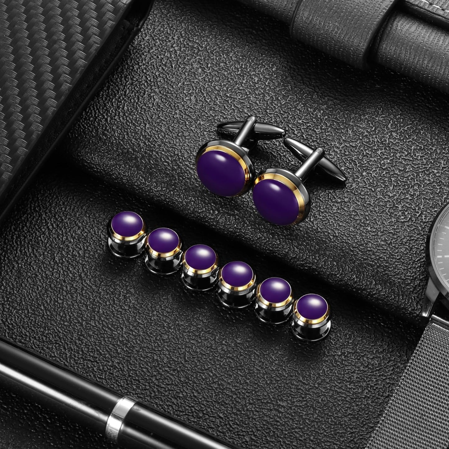 HAWSON Cufflinks and Studs for Men-Fashion Men Vintage Enamel Carbon Fiber Tuxedo Shirt Cufflinks and Studs Set for Regular Wedding Business Accessories