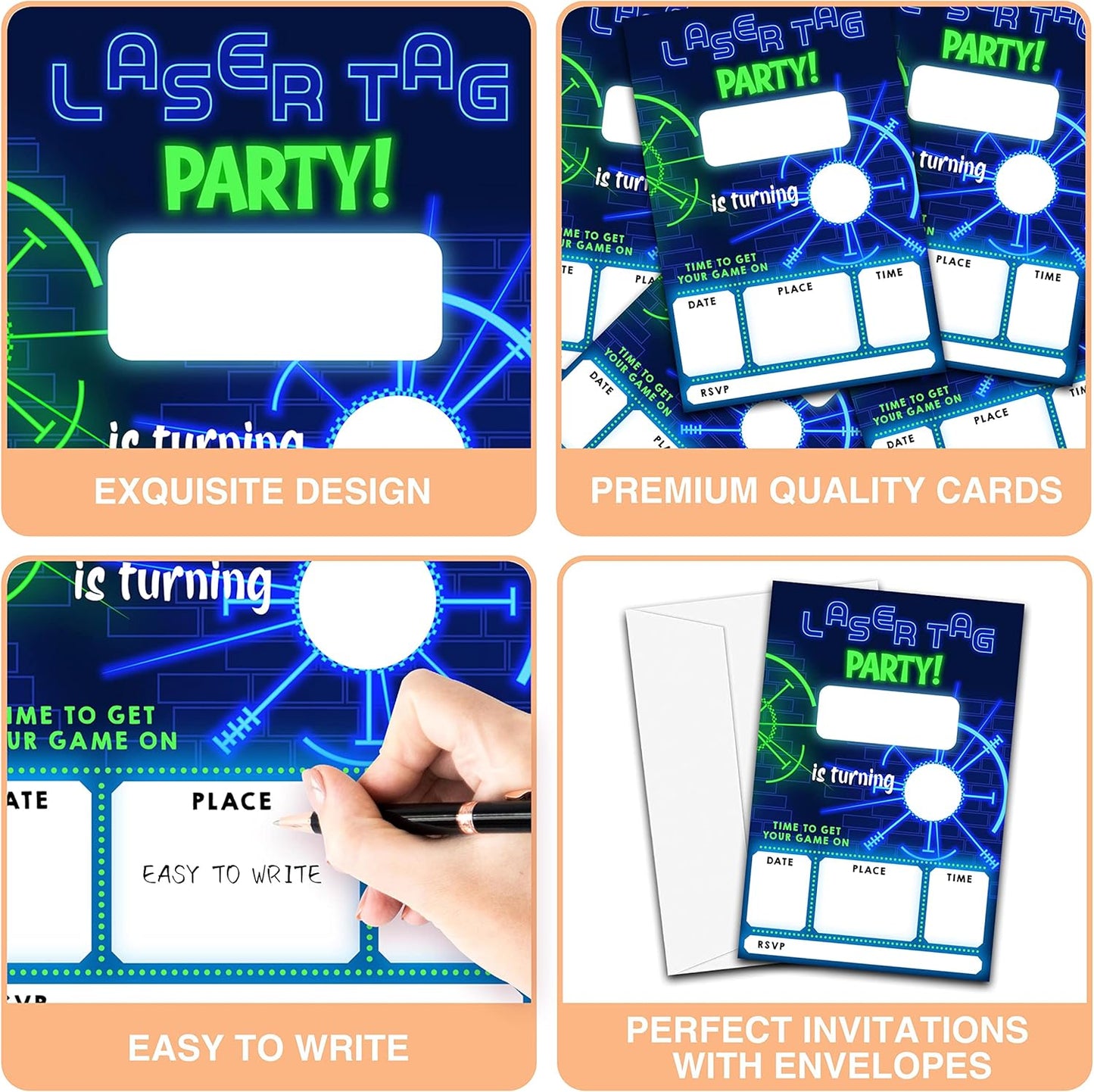 Laser Tag Invitation Neon Glow Laser Tag Birthday Party Invitations, 20-Count Birthday Party Invites With Envelopes-HBYQK-B04