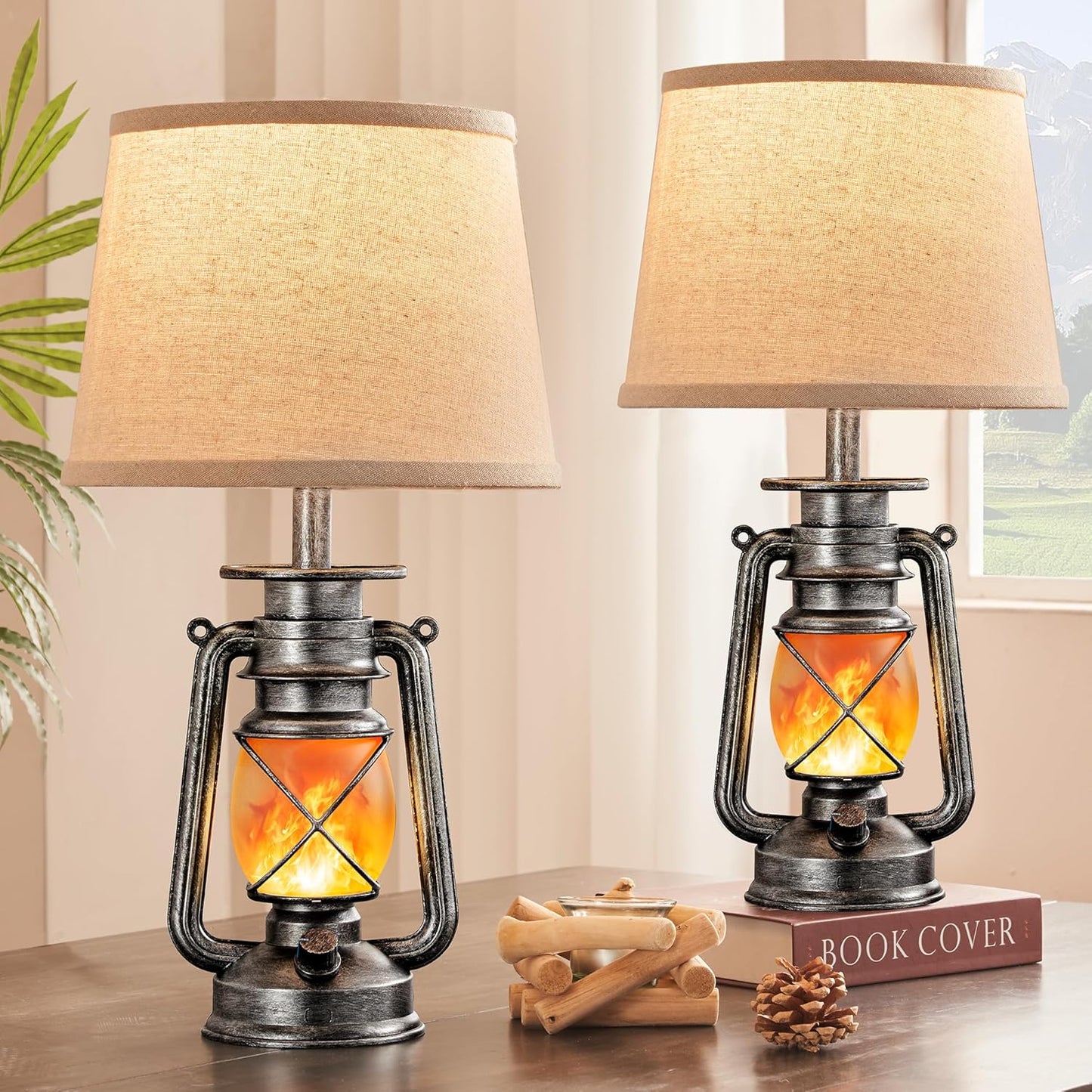 LEDIARY 18.72" Sliver LED Lantern Flickering Flame Table Lamps for Bedrooms Set of 2, Small Farmhouse Rustic End Table Lamps, Halloween Decorative Lantern Bedside Lamps for Living Room