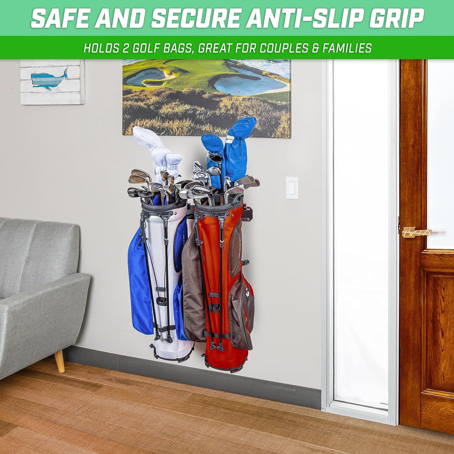 GoSports Wall Mounted Golf Bag Storage Rack - Holds 2 Golf Bags