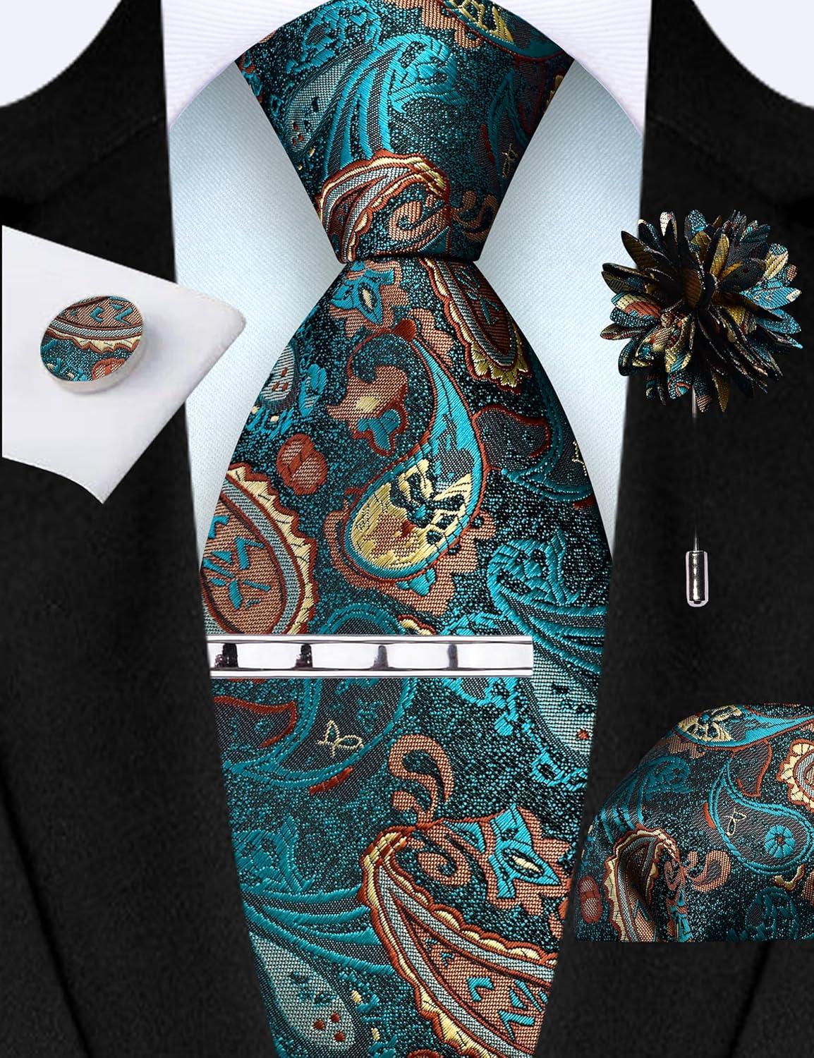 GUSLESON Tie Set for Men Necktie and Pocket Square,Tie Clip,Cufflinks, Lapel Pin Sets with Gift Box 5PCS