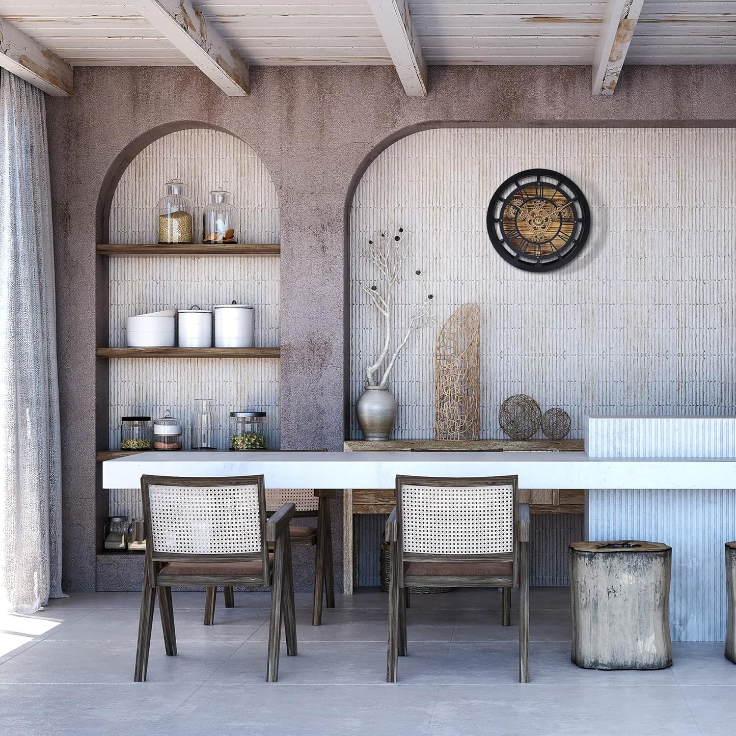 Lafocuse Small Wooden Black Wall Clock with Moving Gears for Living Room Home Decor, Farmhouse Rustic Desk Clock, Vintage Mantel Clocks, 10 Inch