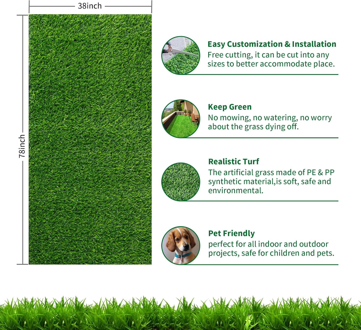 Artificial Grass Turf Mat, 4/5 Inch Indoor Outdoor Entrance Mat, Pet-Friendly Decoration, Easy to Clean (78” x 38”)