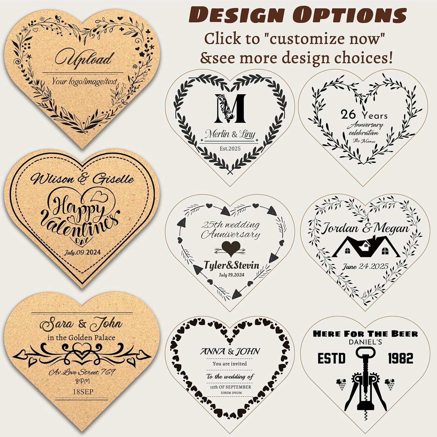 30-100Pcs Personalized Heart Shaped Cork Coasters, Custom Wedding Favors with Laser Engraved Text Name Logo, Non-Slip, Heat-Resistant, Custom Guest Souvenirs,Bridal Shower,Housewarming Gifts Bulk