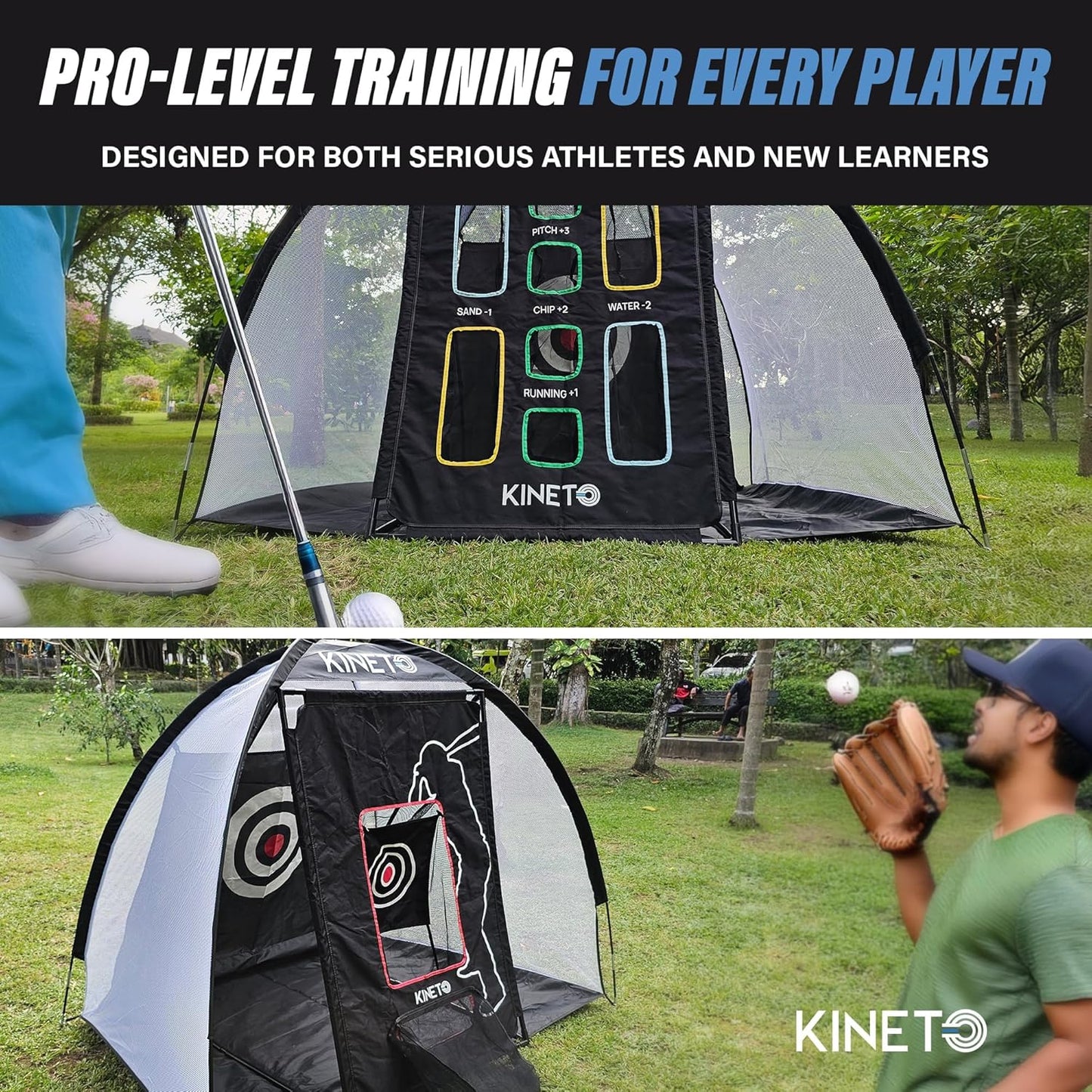 Kineto Training Set – Golf Swing Net, 8-Zone Chipping Target, Baseball Pitch Trainer – Durable, Portable, Tool-Free net for Backyard or Indoor use