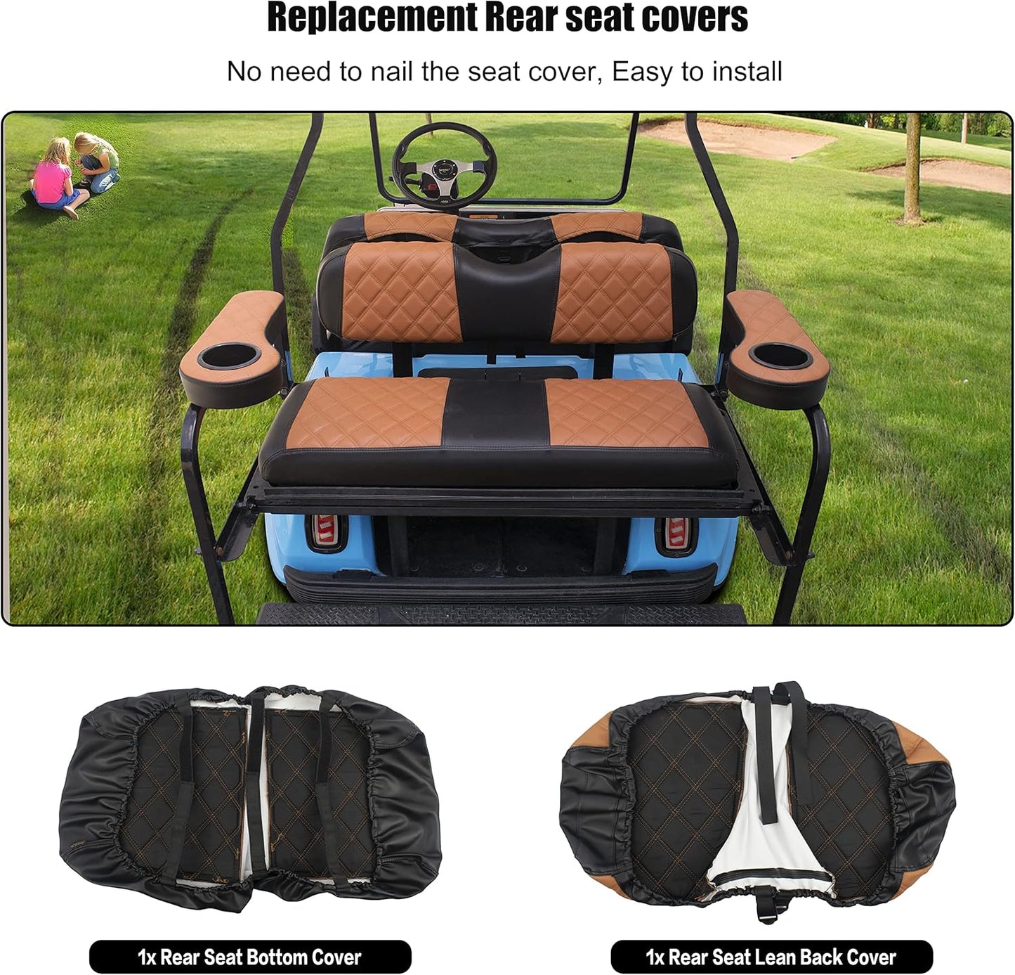NOKINS Golf Cart Seat Covers Fit Club Car Precedent/DS/EZGO RXV/TXT/Yamaha Drive Aftermarket Standard Rear Seat Cushion, No Stapler, Multiple Colors&Breathable (Brown&Black)