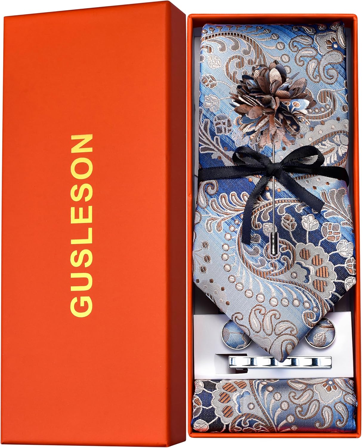 GUSLESON Tie Set for Men Necktie and Pocket Square,Tie Clip,Cufflinks, Lapel Pin Sets with Gift Box 5PCS