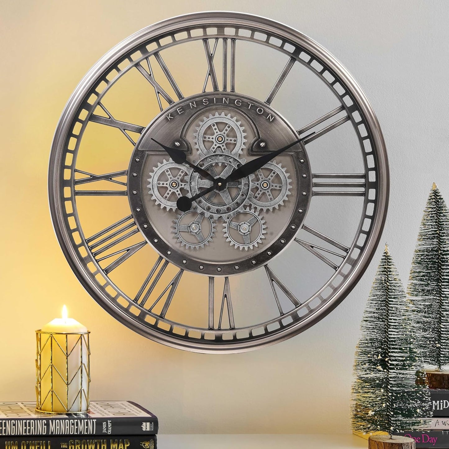 CLXEAST 28 Inch Original Real Moving Gear Wall Clock Roman Numerals,Oversized Large Wall Clocks for Modern Farmhouse Living Room Home Decor,Brushed Gunmetal