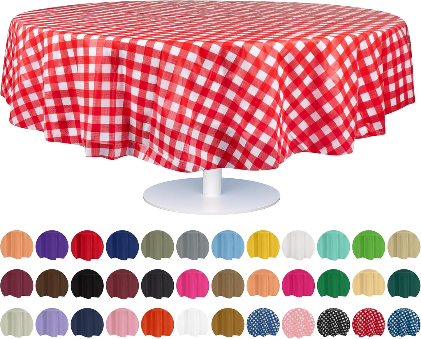 Grandipity 12 Pack Premium Disposable Plastic Picnic Tablecloth 84" Inch Decorative Round Table Cover - Red Checkered Gingham