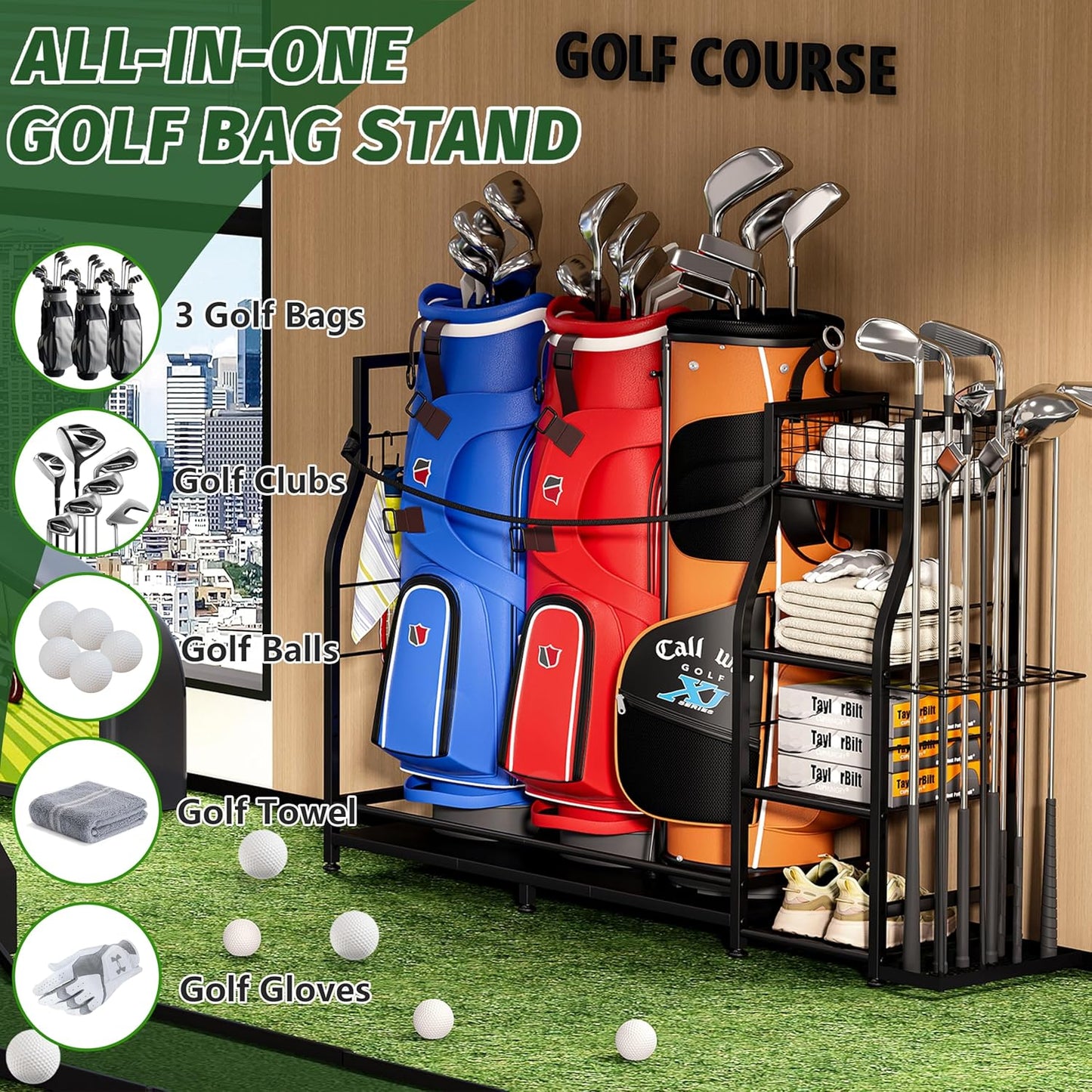 Golf bag stand for Golf Bag Accessories, Golf Bag Storage Organizer Fits 3 Bags for Garage Organization, Golf Organizer with Extra Storage Rack for Golf Clubs & Golf Essentials, Golf Gifts for Men