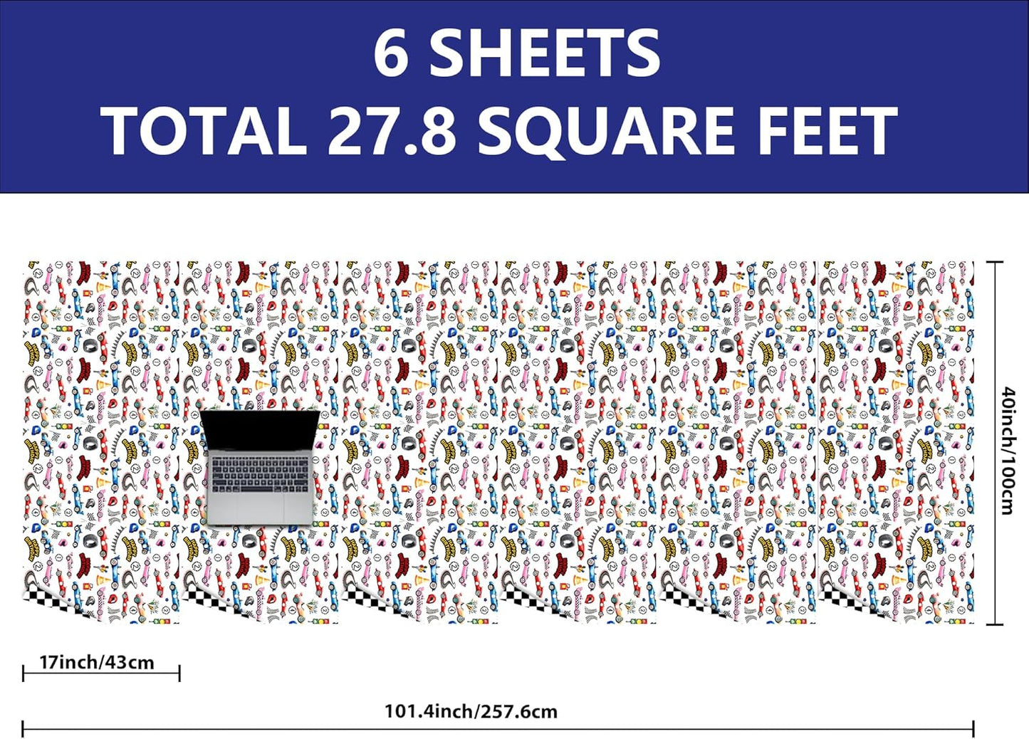 Vnaaem Reversible Vintage Race Car Wrapping Paper Roll for Kid's Boy's - Black & White Checkered Flag Gift Wrap for Birthday, Holiday, Fathder's Day, Baby Shower - 17 in x 20 ft(Total 28.5sq.ft)