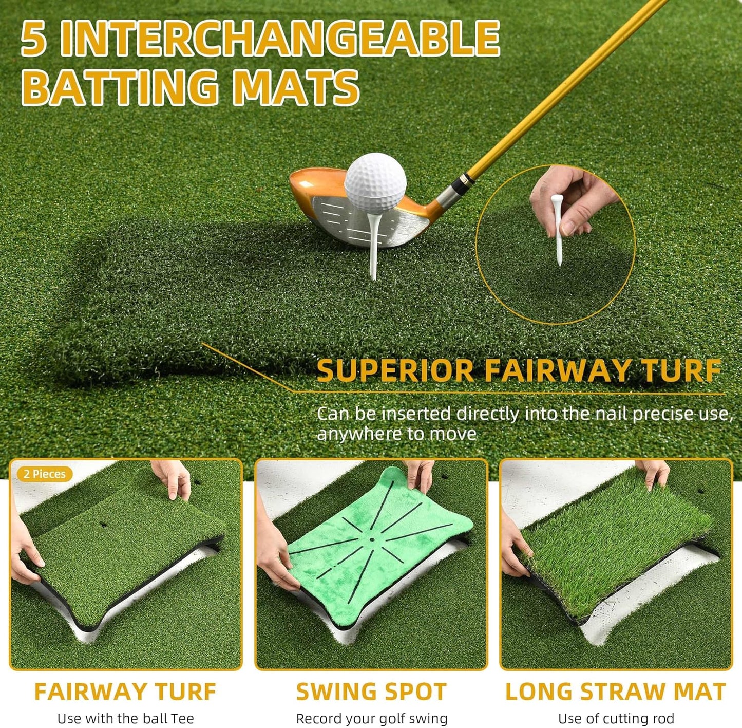 5x4ft Golf Hitting Mat, Thickened 21mm/31mm/36mm Artificial Turf Golf Practice Mats for Indoor Outdoor Backyard Driving Swing Training with 9 PU Balls, 3 Rubber Tees, 7 Tees