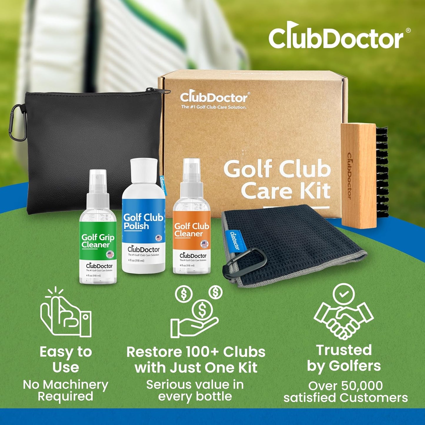 Club Doctor Golf Club Care Kit – Clean, Polish, and Restore Irons, Drivers, Putters – Scratch, Scuff, Rust Remover – Complete Golf Club Maintenance Kit with Grip Cleaner, Club Cleaner, and Polish