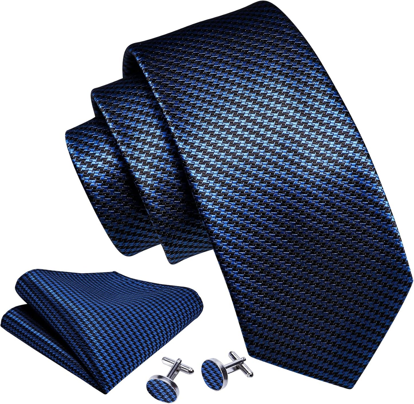 Barry.Wang Designer Classic Ties for Men Set Formal Pocket Square Cufflink Check Plaid