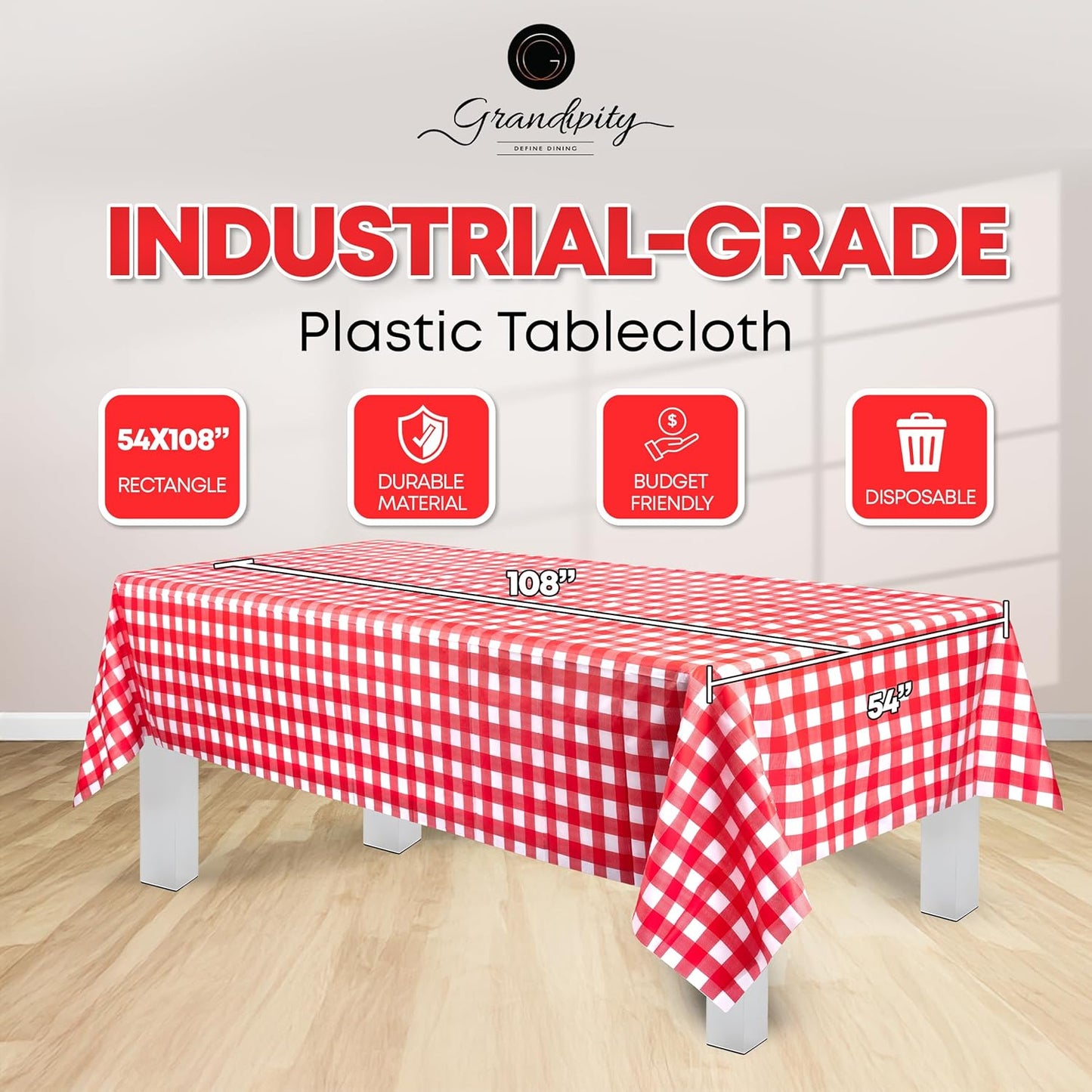 Grandipity 12 Pack Premium Disposable Plastic Picnic Tablecloth 54 Inch. x 108 Inch. Decorative Rectangle Table Cover - Red Checkered Gingham